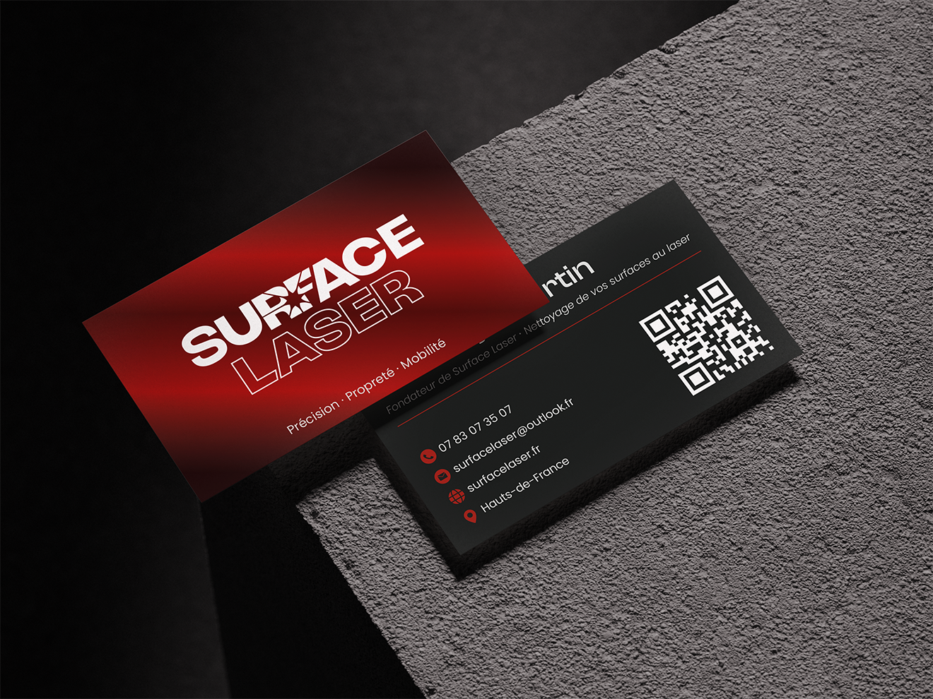 Carte de visite Surface Laser, entreprise spécialisée dans le décapage et nettoyage au laser dans les Hauts-de-France.