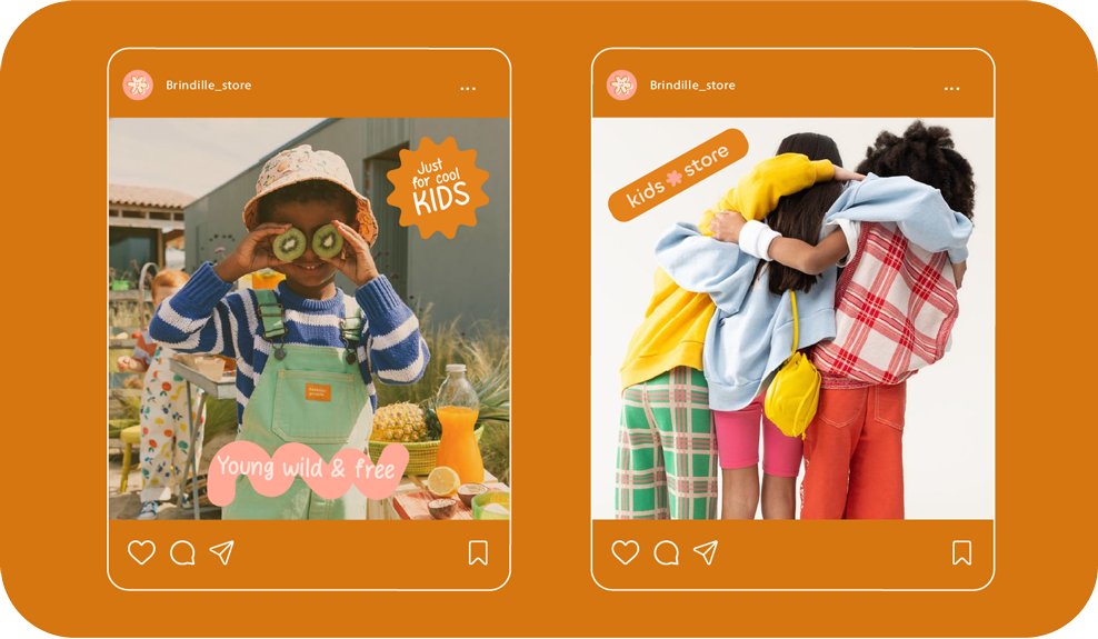 Deux captures d'écran de publications Instagram pour un magasin pour enfants. La première montre un enfant souriant avec des kiwis devant les yeux, avec la légende 'Young wild & free'. La seconde montre un groupe d'enfants se faisant un câlin, avec l