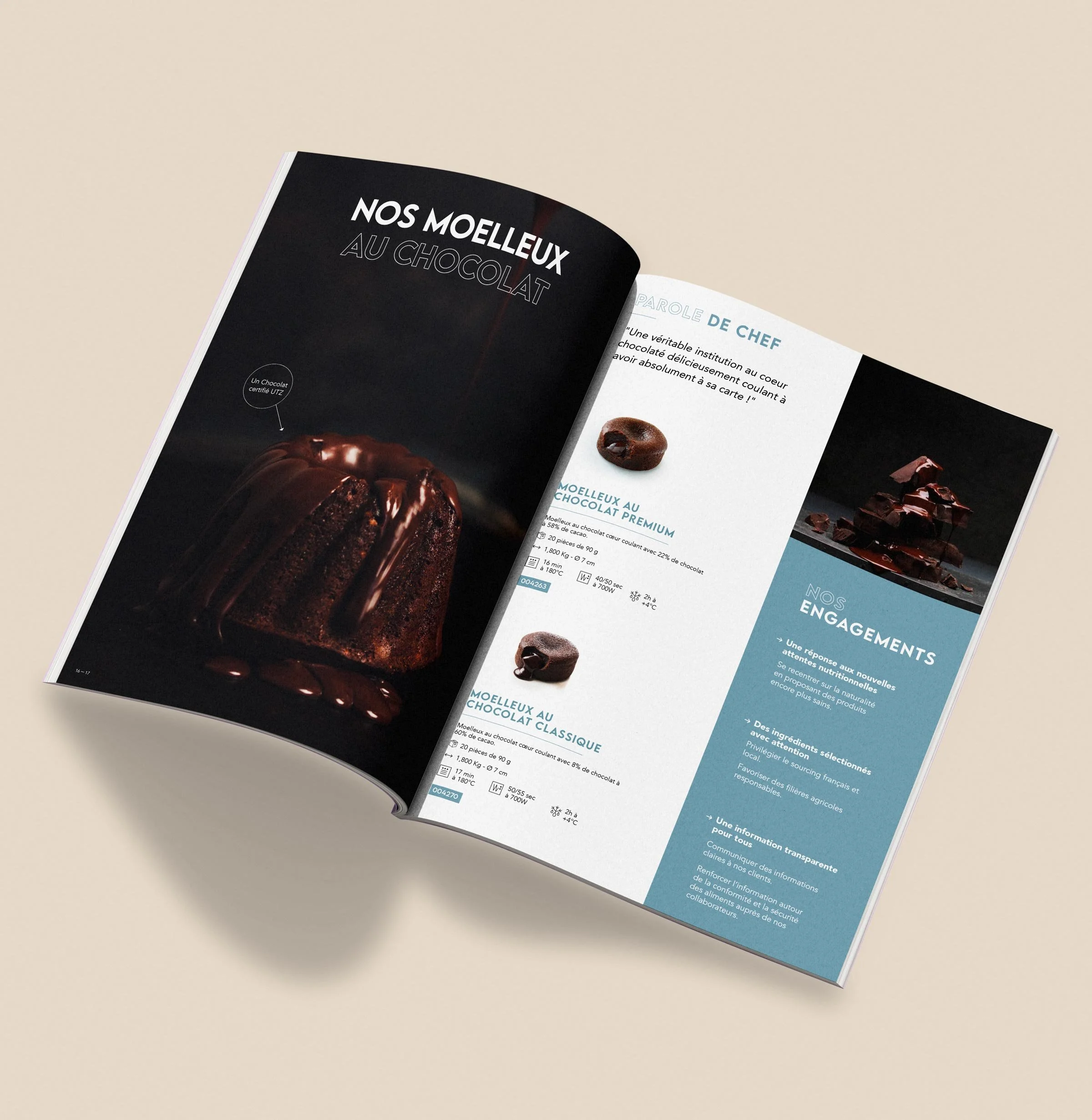 Page d'un catalogue montrant des gâteaux au chocolat, avec un gros plan sur un moelleux au chocolat coulant au chocolat.