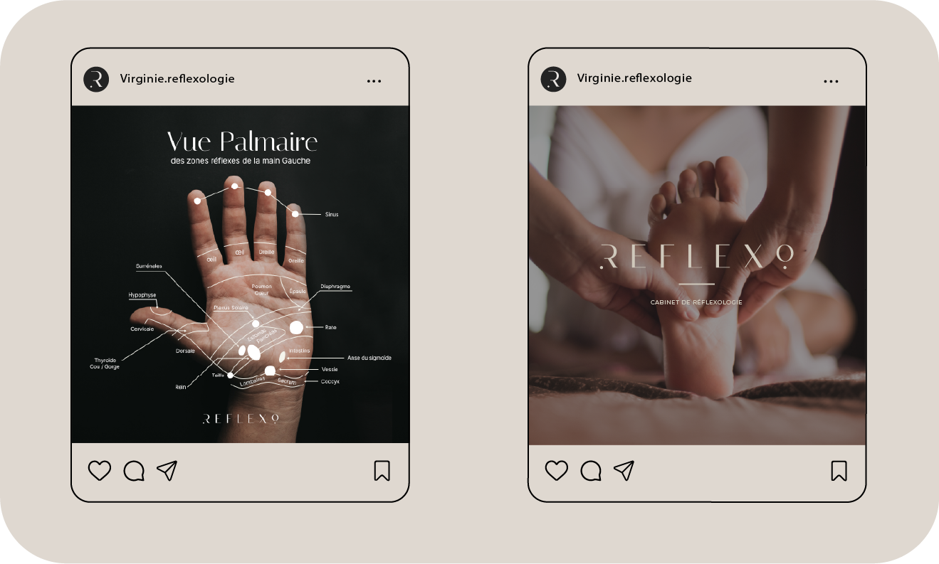Deux images de pages Instagram. La première montre un diagramme des zones réflexes de la main gauche, la seconde montre une main et un pied lors d'une séance de réflexologie avec le texte "REFLEXO" et "CABINET DE RÉFLEXOLOGIE".