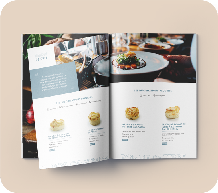 Page d'un menu de restaurant illustrant des plats à base de pommes de terre, avec des images de gratins et de plats raffinés