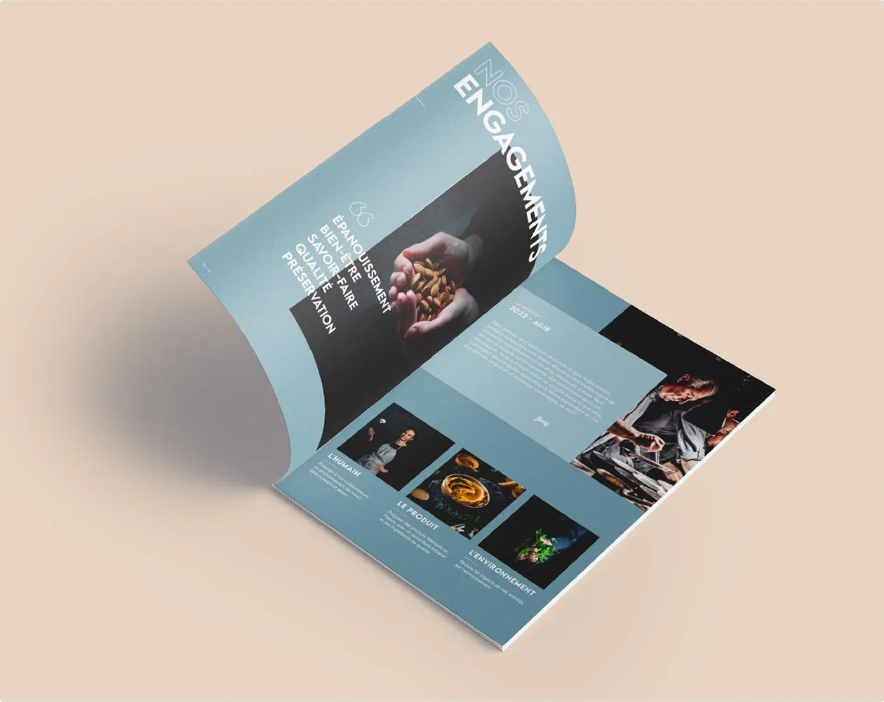 Flyer ou brochure avec un fond bleu clair, présentant un slogan 'Nos Engagements' en haut, une main tenant des graines, et des sections avec des photos et du texte sur l'humain, le produit, et l'environnement.