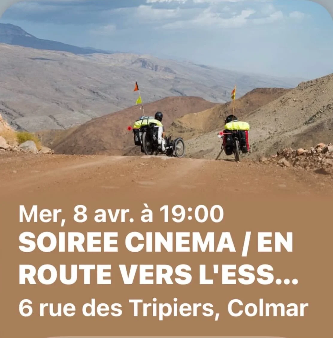 Soir&eacute;e cin&eacute;ma gratuite pour les 10 premiers qui partagent leur e-mail en MP.
&laquo;&nbsp;Amety culture&nbsp;&raquo; propose un voyage &agrave; V&eacute;lo de Colmar jusqu&rsquo;&agrave; Moscat &agrave; Oman avec Pejan Adventure &amp; P