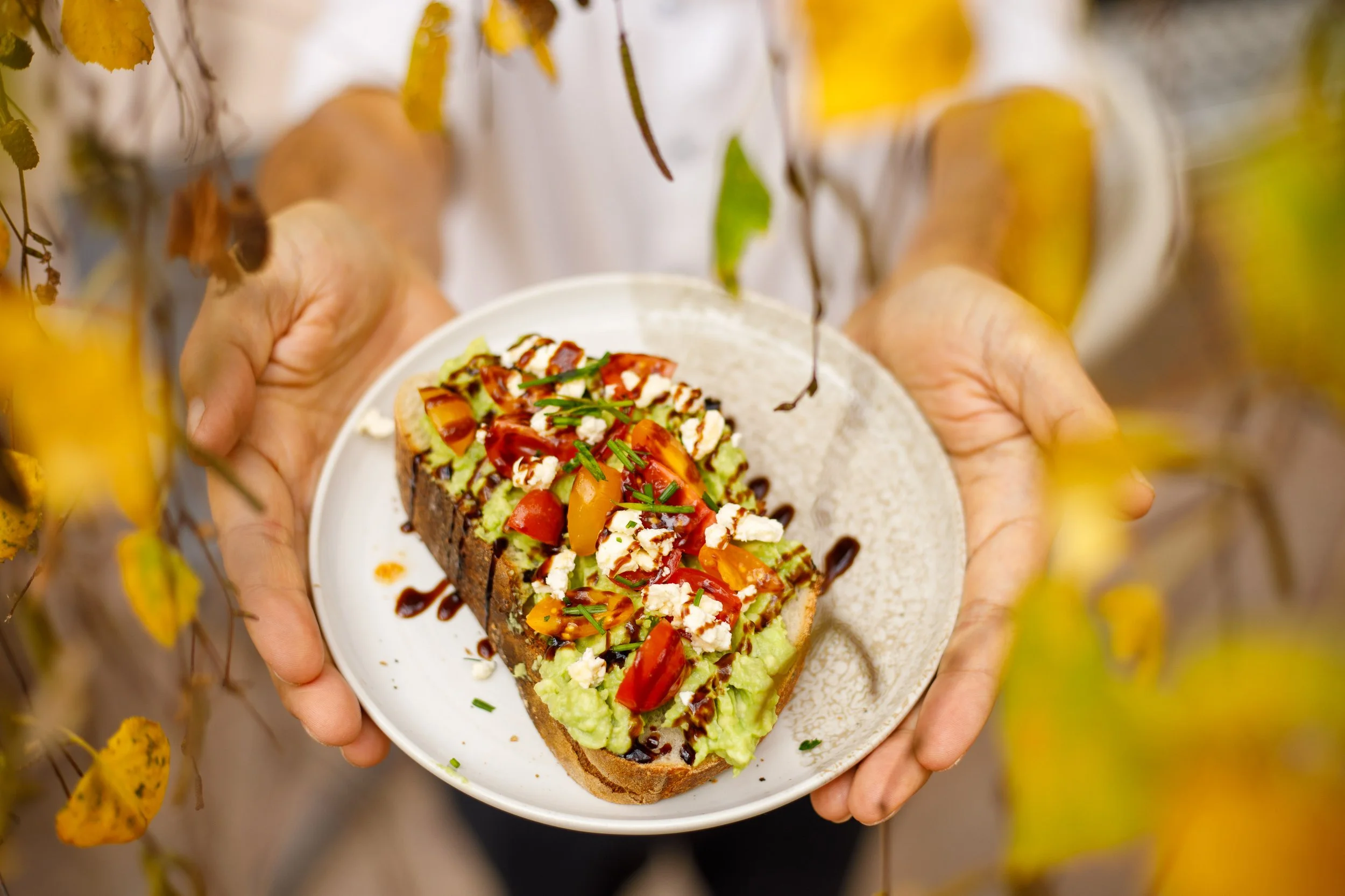 Une personne tient une assiette de toast avec avocat, tomates, fromage et sauce, vue de dessus, en extérieur parmi des feuilles jaunes.