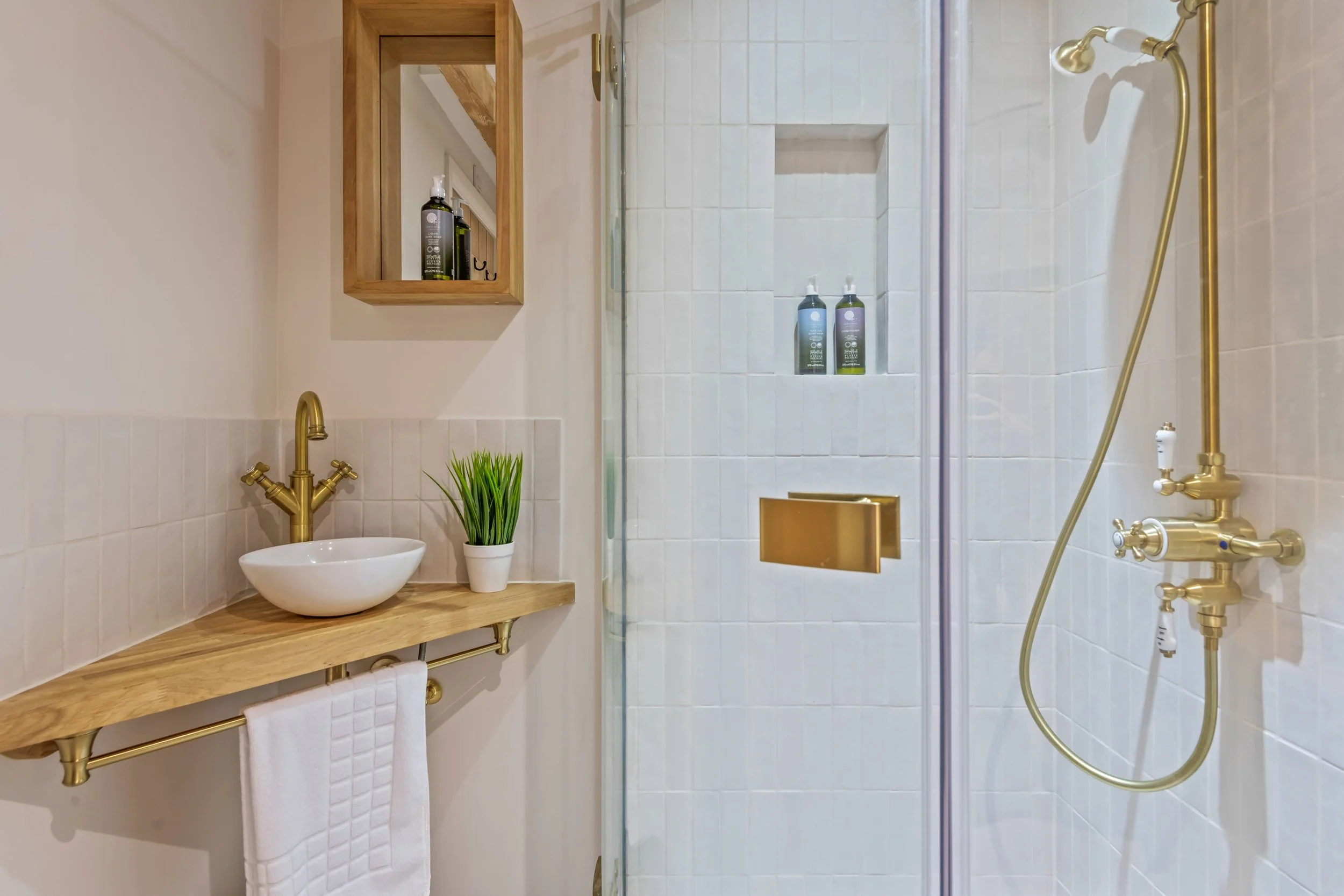 Bathroom with a wooden shelf holding a small white vessel sink and a potted green plant, a wall-mounted mirror cabinet, a glass shower enclosure with two bottles, and gold fixtures.