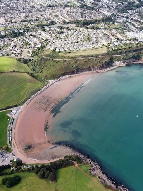 A coastal area with a beach, a grassy park, and residential neighborhoods in the background.