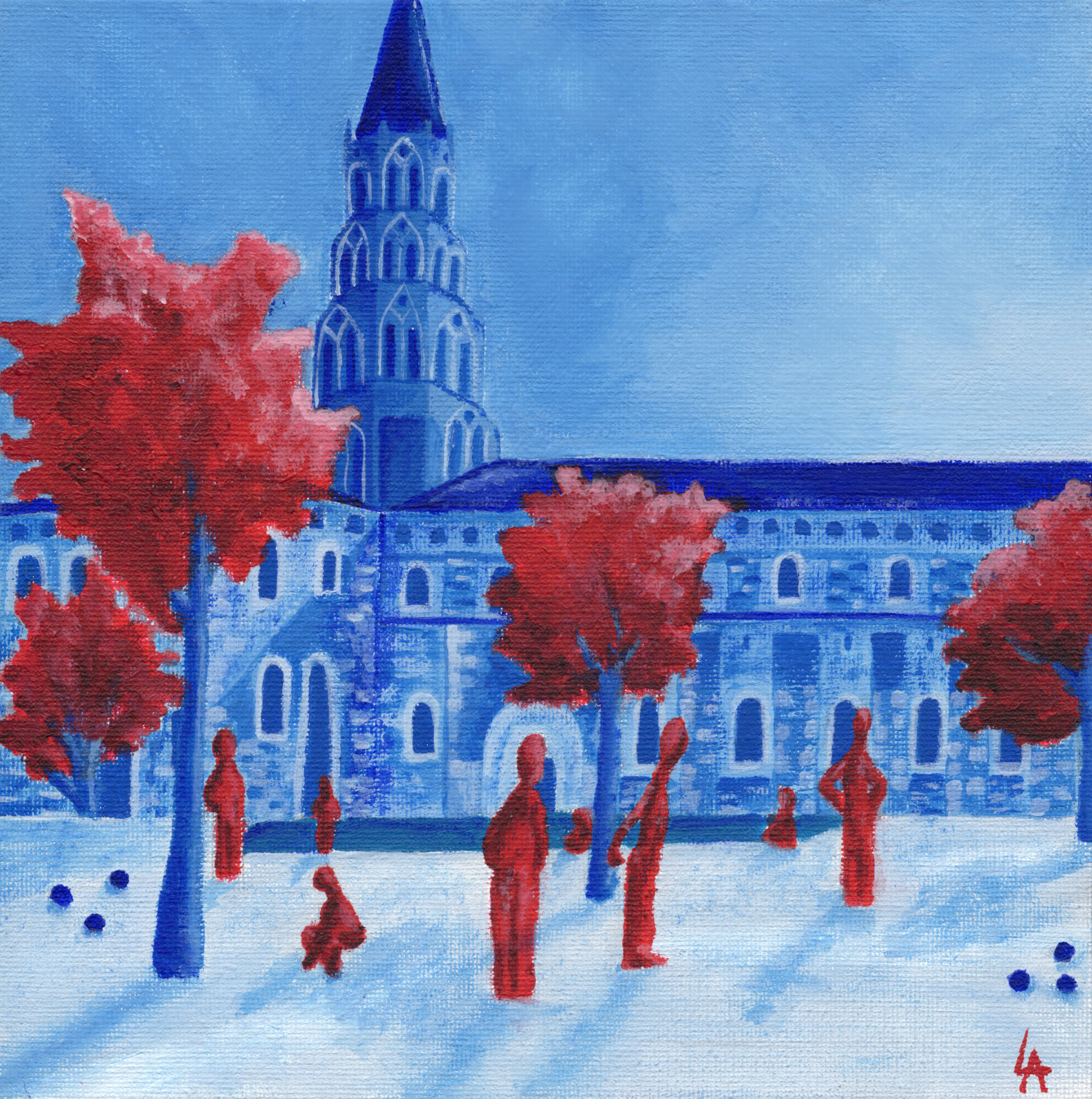 Peinture originale de la Place Saint-Sernin de Toulouse faite en acrylique avec des tonalités de bleus et de rouges suivant l'univers de l'artiste. Elle a été réalisée par Audrey Laché, en 2026, pour la collection Toulouse.