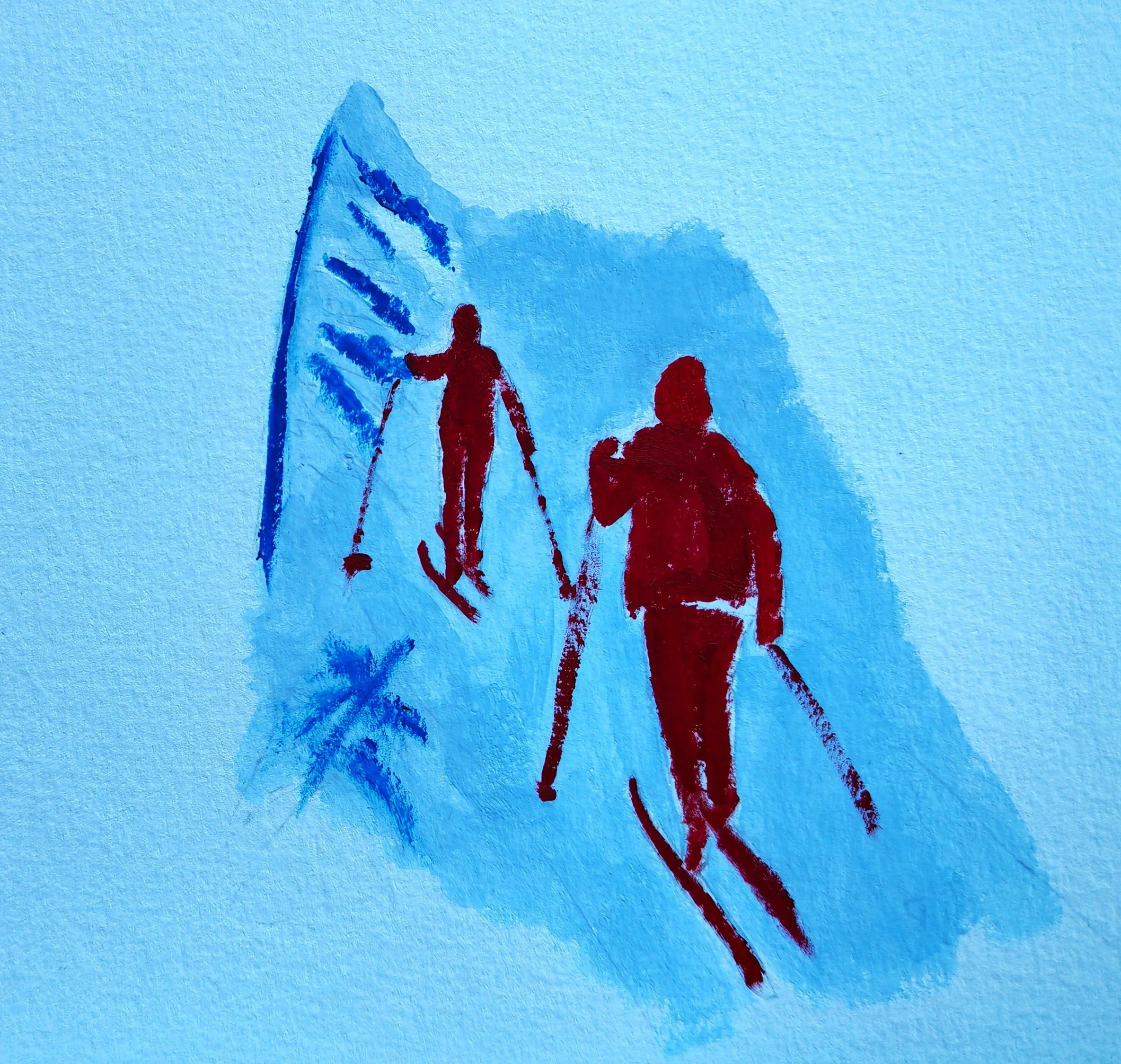 Peinture en cours de la carte ski de fond réalisée pour le concours IGN mêlant illustration et cartographie