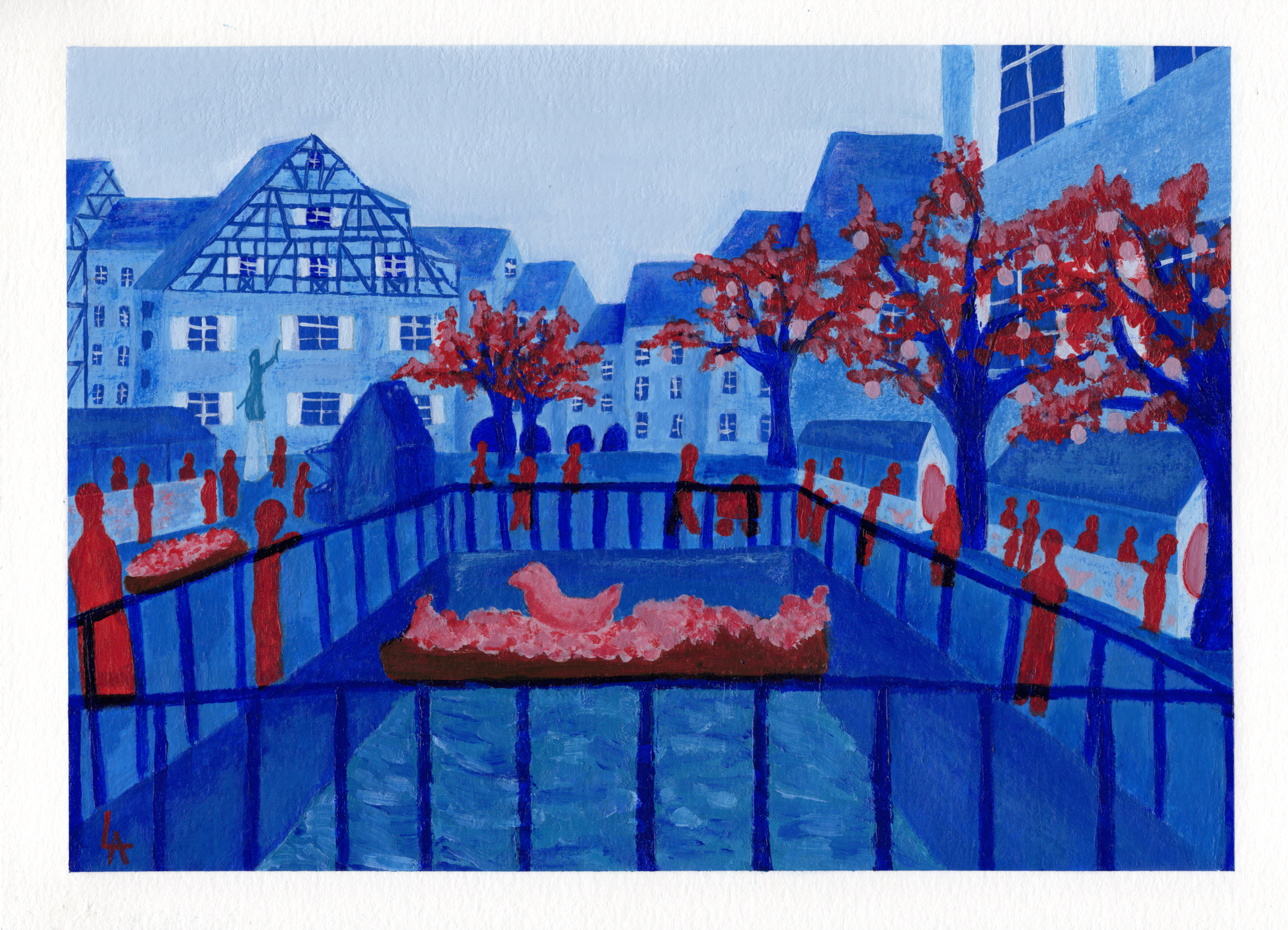 Pâques - Marché de Printemps à Colmar. Acrylique papier grain fin 300g/m², 21 x 29,7 cm, 2026. 