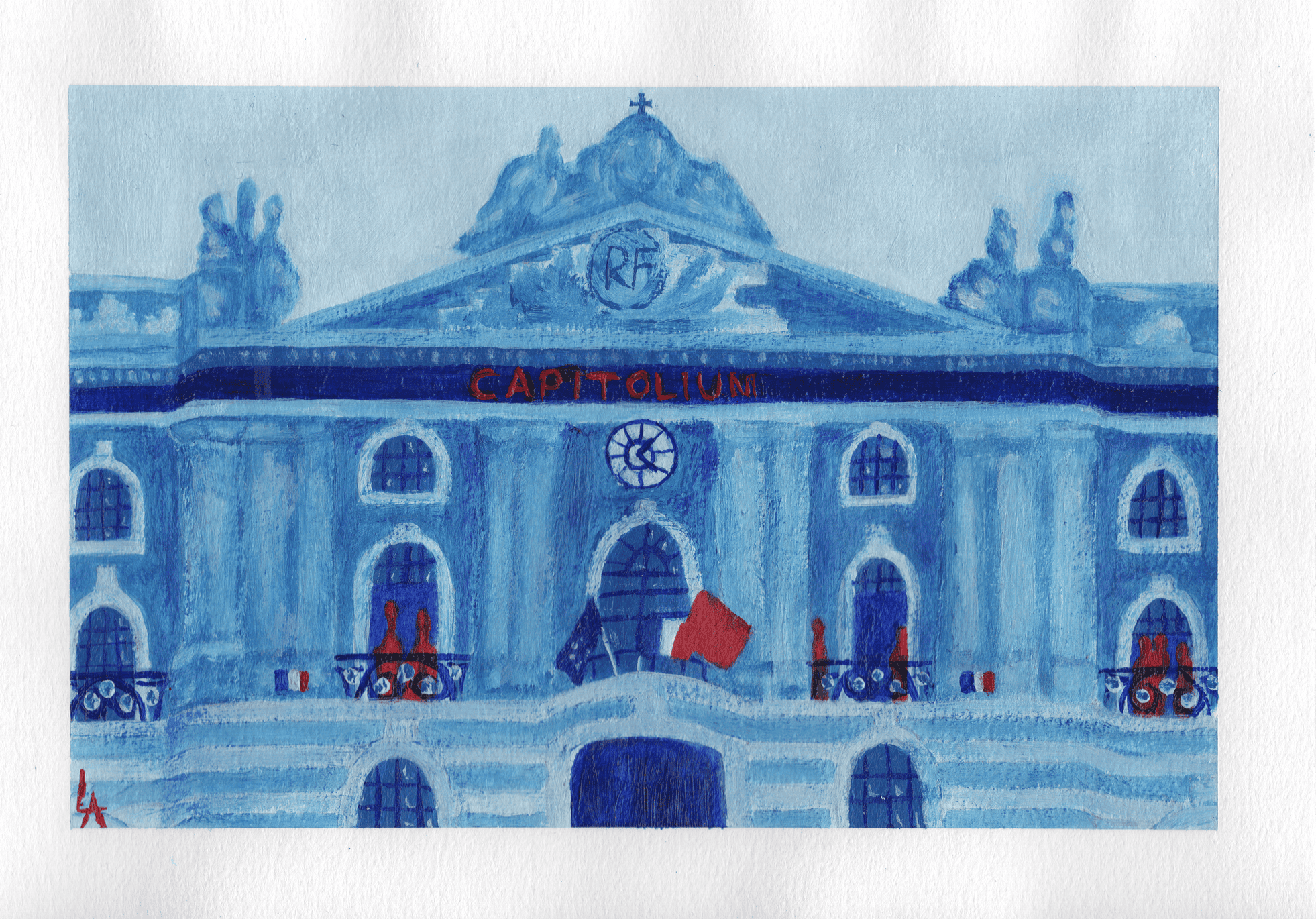 Toulouse - Capitole.
Acrylique papier grain fin 180g/m², 14,8 x 21 cm, 2026.