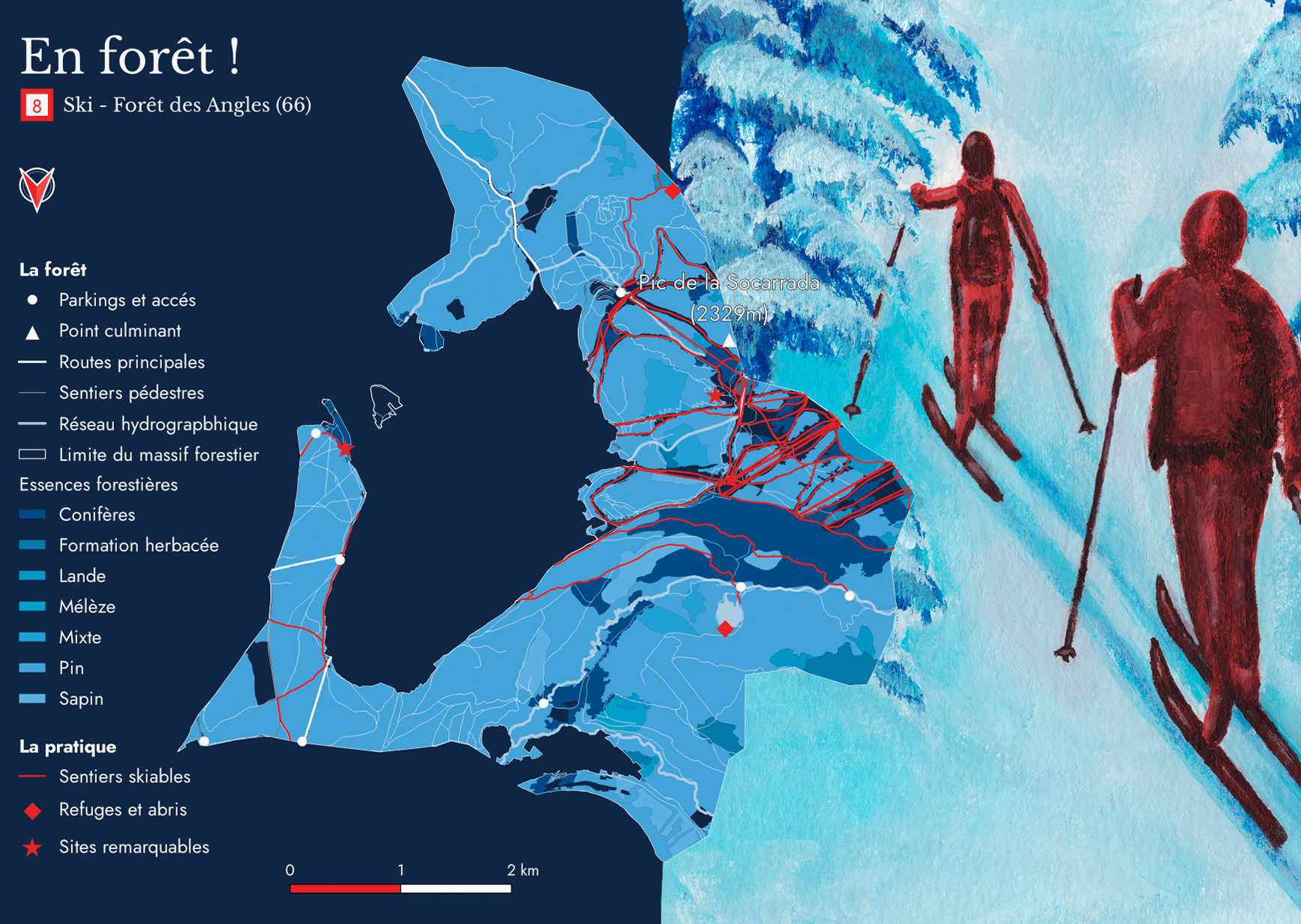 carte postale du ski de fond la forêt des Angles mêlant cartographie et illustration fait à l'occasion  du concours de l'IGN