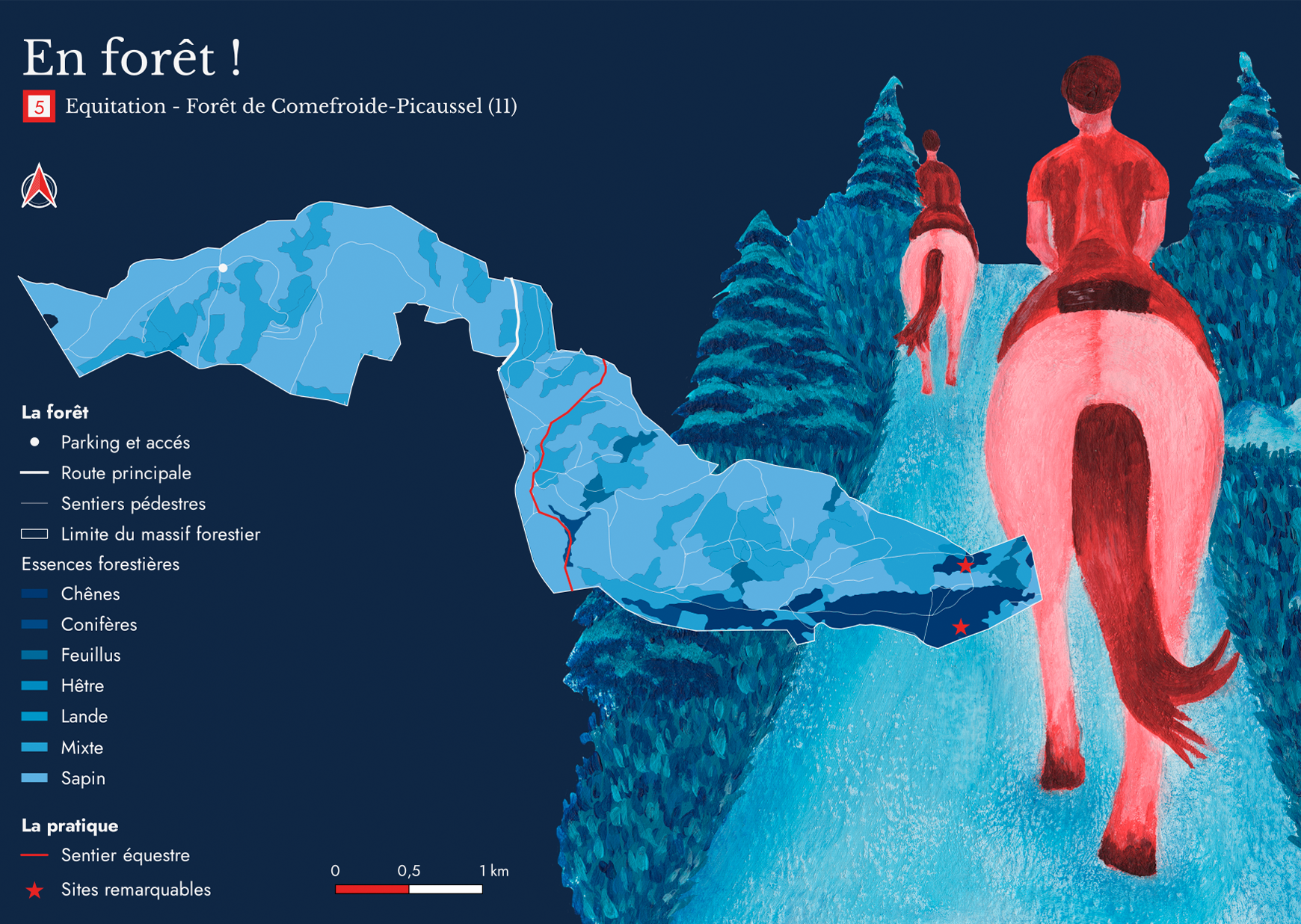 carte postale de l'équitation dans la forêt de Comefroide-Picaussel mêlant cartographie et illustration fait à l'occasion  du concours de l'IGN