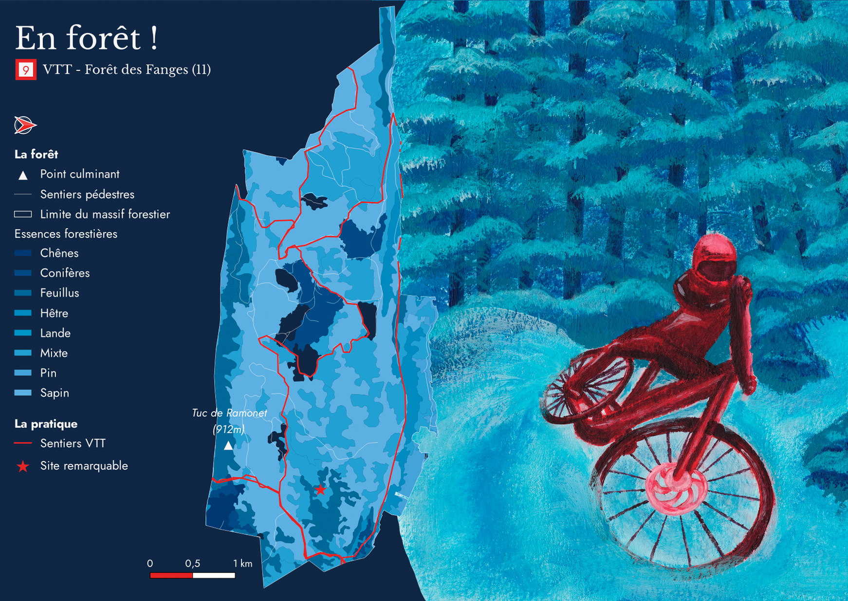 carte postale du VTT la forêt des Fanges mêlant cartographie et illustration fait à l'occasion  du concours de l'IGN