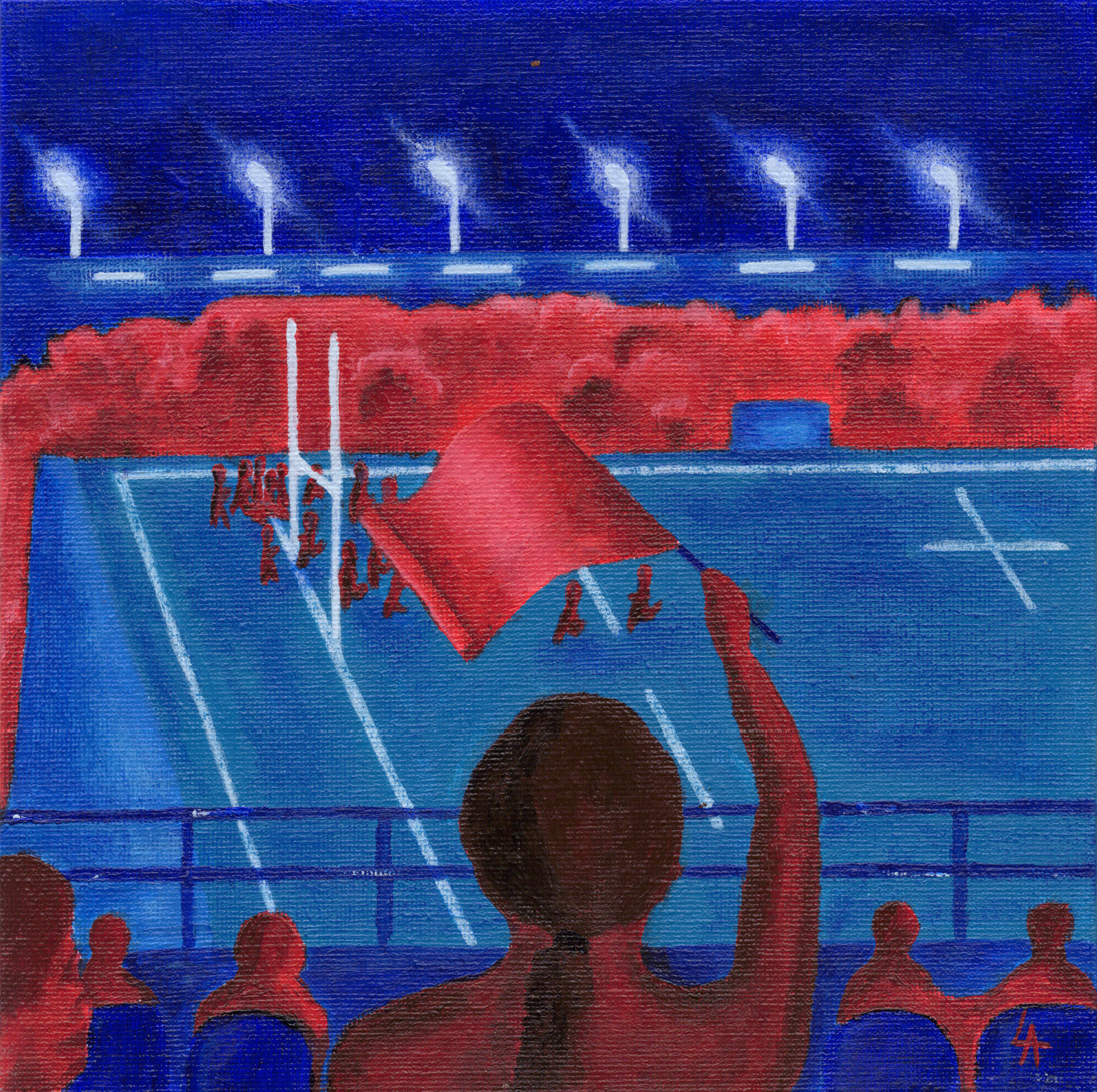 Peinture originale du stade toulousain de Toulouse faite en acrylique avec des tonalités de bleus et de rouges suivant l'univers de l'artiste. Elle a été réalisée par Audrey Laché, en 2026, pour la collection Toulouse.
