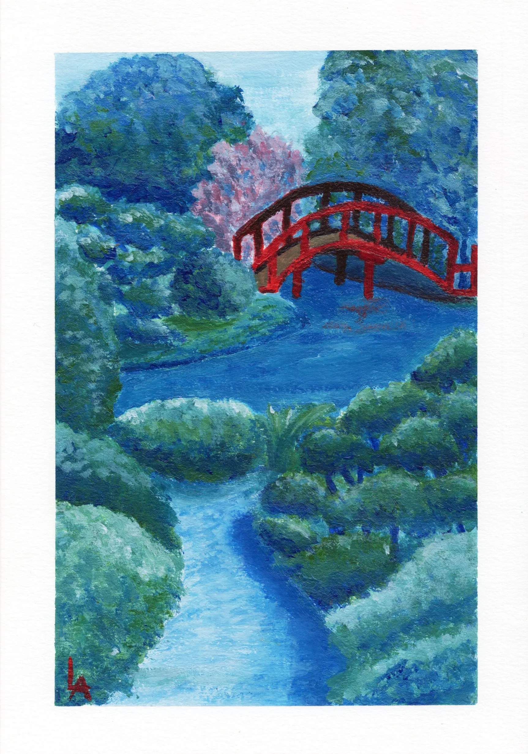 Peinture originale du jardin japonais de Toulouse faite à l'acrylique avec des tonalités de bleus et rouges suivant l'univers de l'artiste.