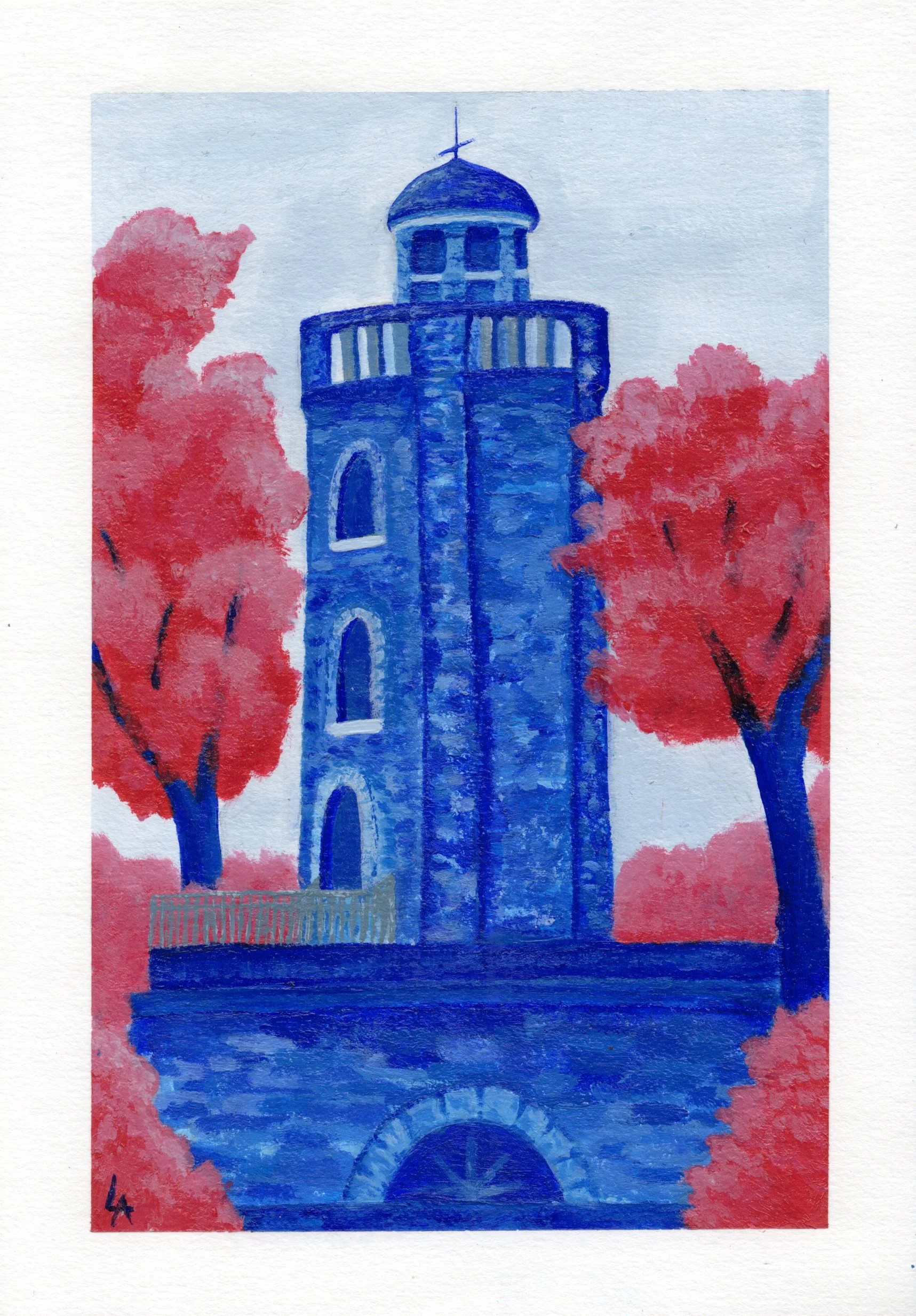 Peinture originale de la Galerie du Château d'eau de Toulouse faite à l'acrylique avec des tonalités de bleus et rouges suivant l'univers de l'artiste.