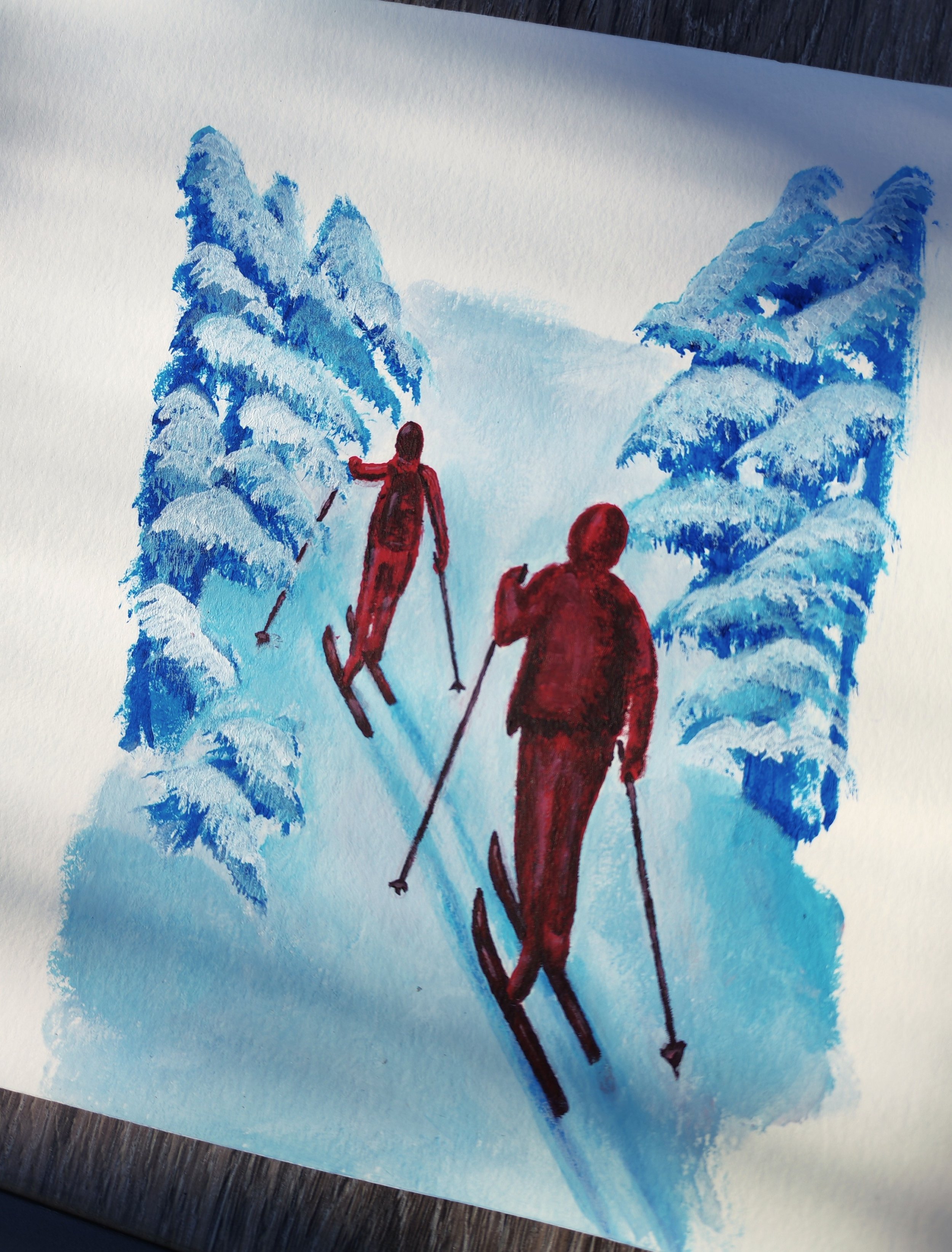 Peinture de la carte postale du ski de fond dans la forêt des Angles réalisée pour le concours IGN mêlant illustration et cartographie