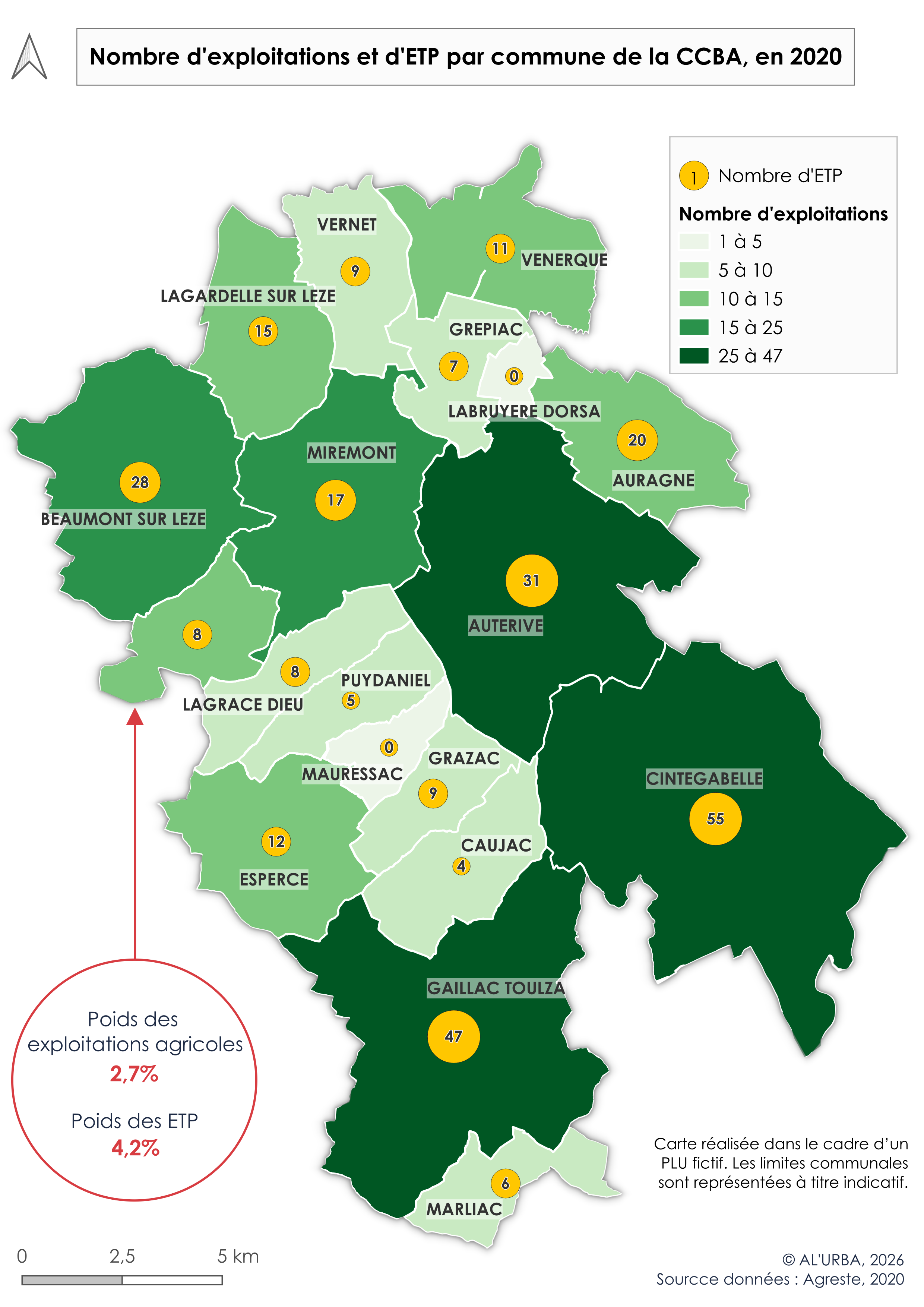 Carte agriculture – Nombre d’exploitations et ETP par commune, en 2020 | PLU fictif

Carte issue du rapport de présentation du PLU fictif d’Aurénoa, représentant le nombre d’exploitations agricoles et d’ETP par commune en 2020. Données issues d’Agres
