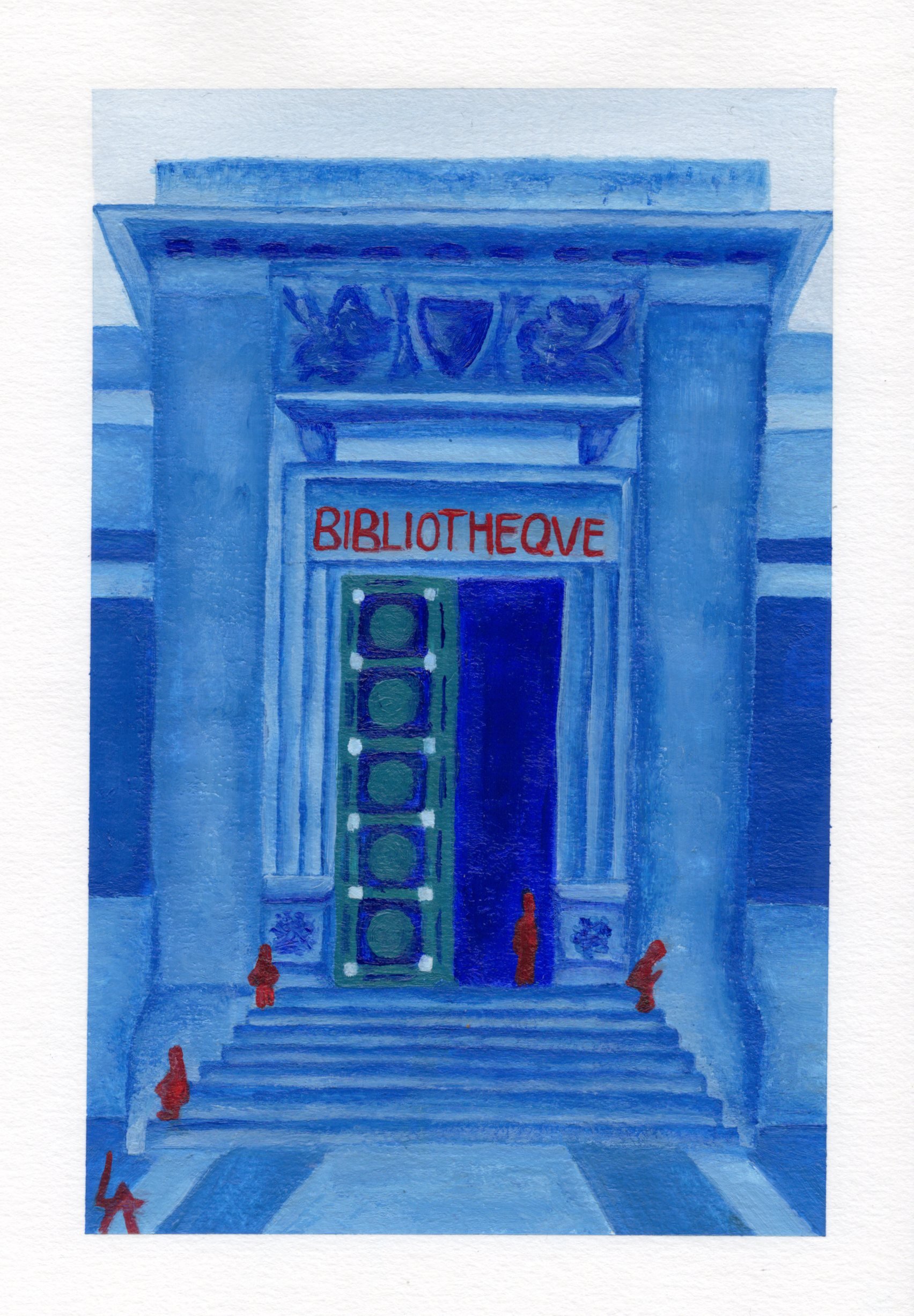 Peinture originale de la Bibliothèque d'Etude et du Patrimoine de Toulouse faite à l'acrylique avec des tonalités de bleus et rouges suivant l'univers de l'artiste.