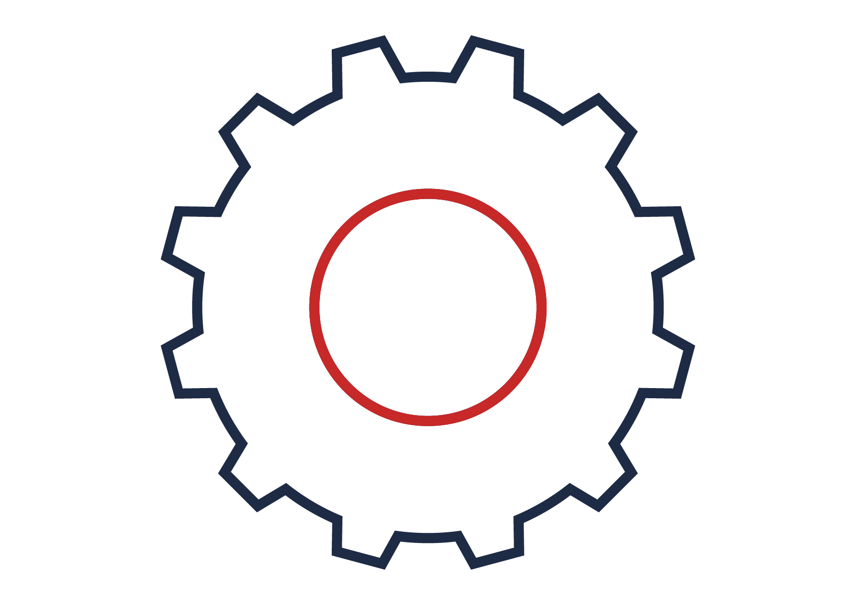 Diagramme illustrant un engrenage avec un cercle rouge au centre et un cercle noir à l'intérieur du cercle rouge, symbolisant peut-être un mécanisme ou un processus. Ce symbole représente le pack sur-mesure dans les prestations urbanismes.