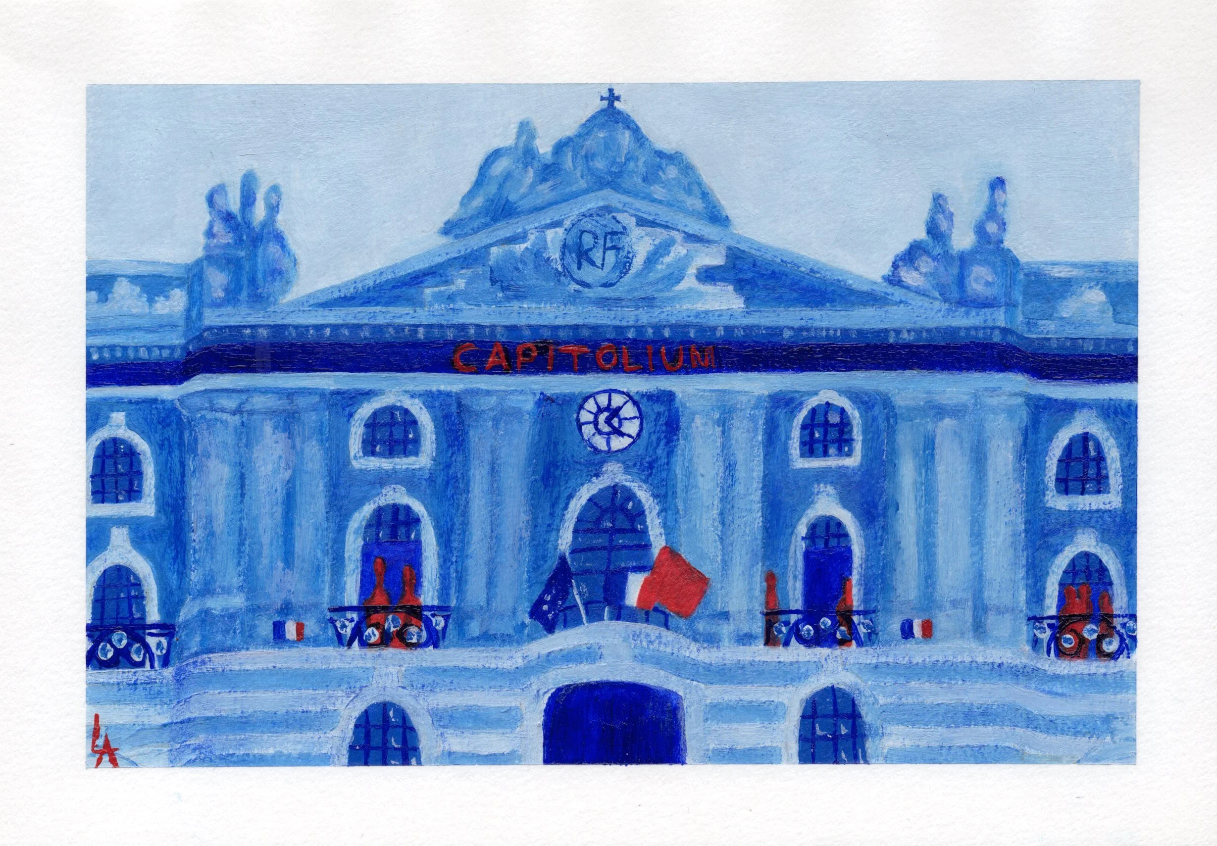 Toulouse - Capitole.
Acrylique papier grain fin 180g/m², 14,8 x 21 cm, 2026.