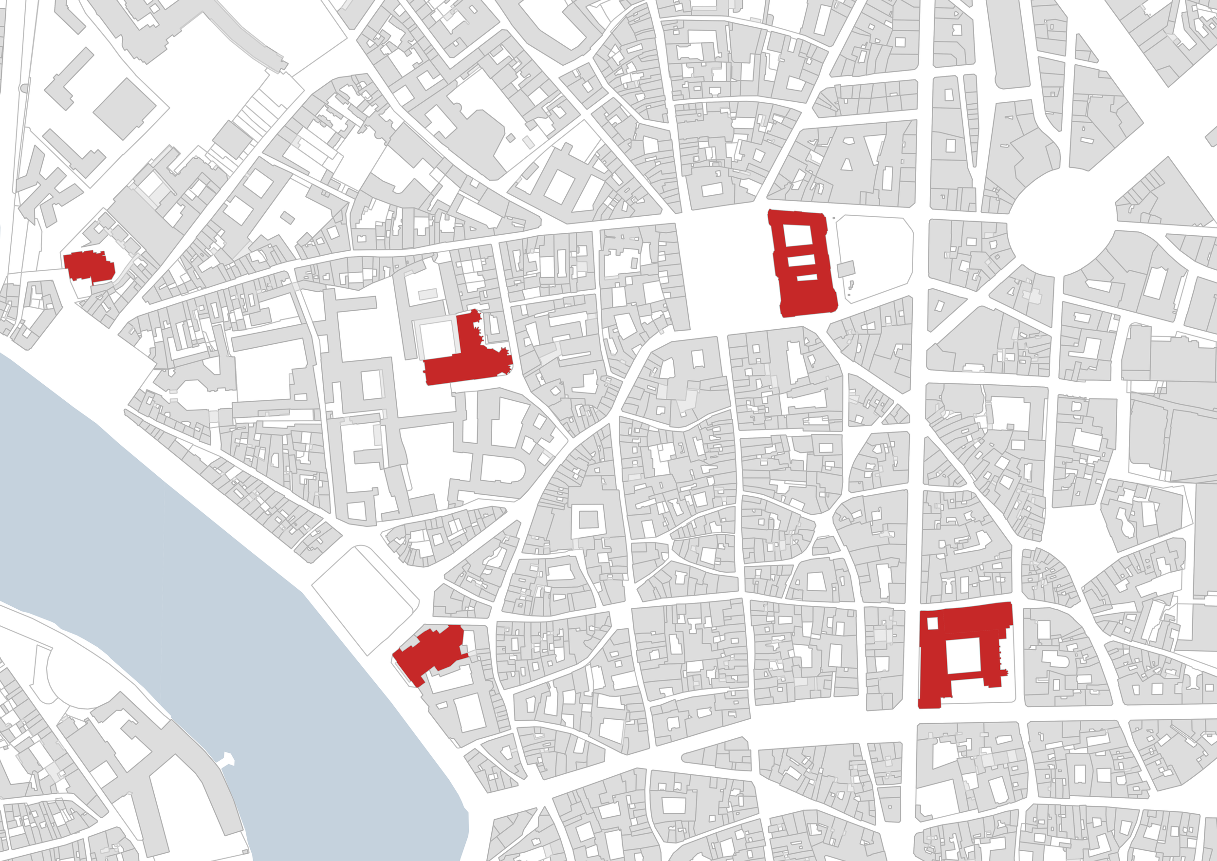 Cartographie du cadastre représentant les parcelles (en blanc) et les bâtiments (en gris). Les monuments emblématiques de Toulouse sont mis en rouge.