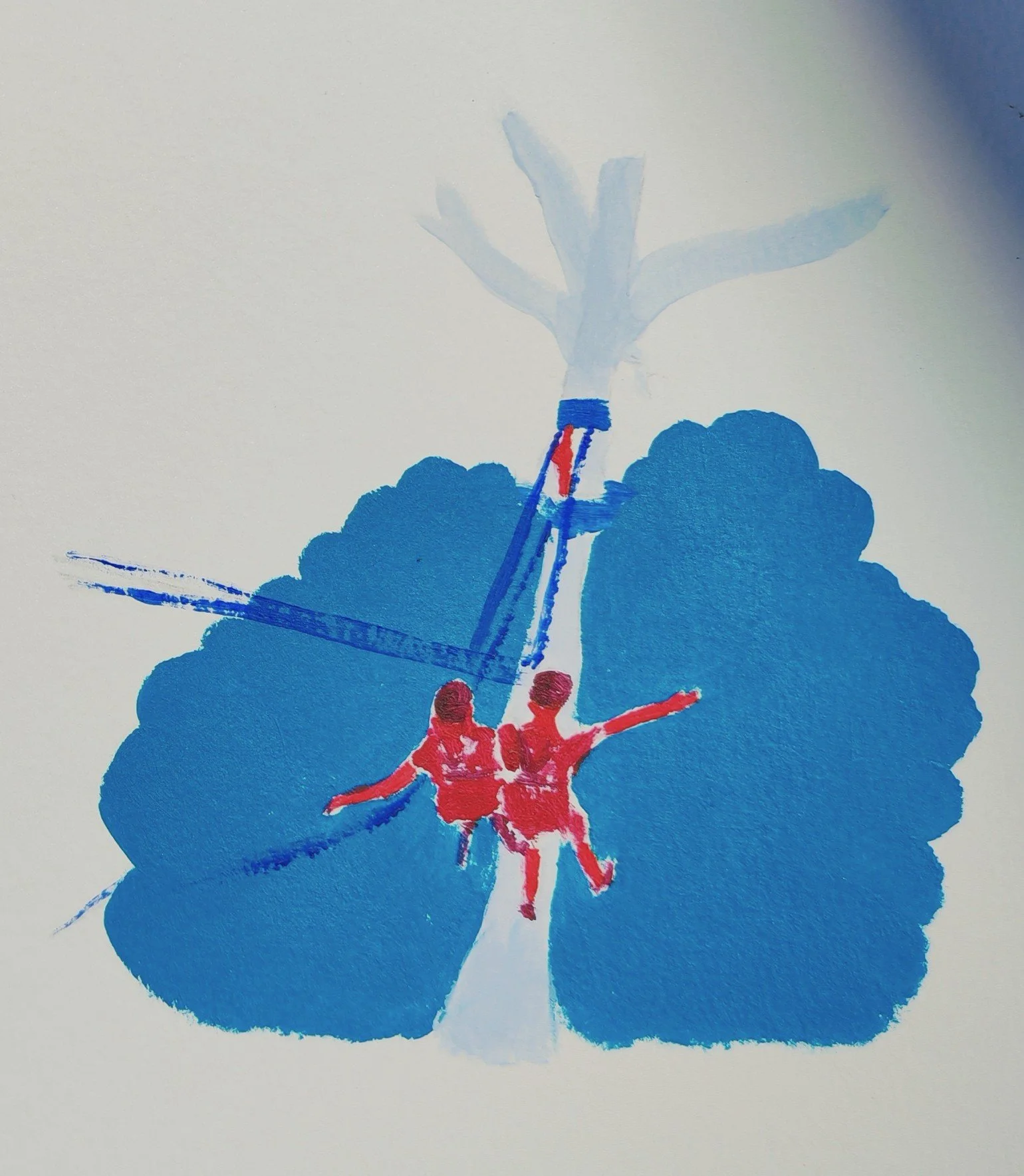 Peinture en cours de la carte accrobranche réalisée pour le concours IGN mêlant illustration et cartographie