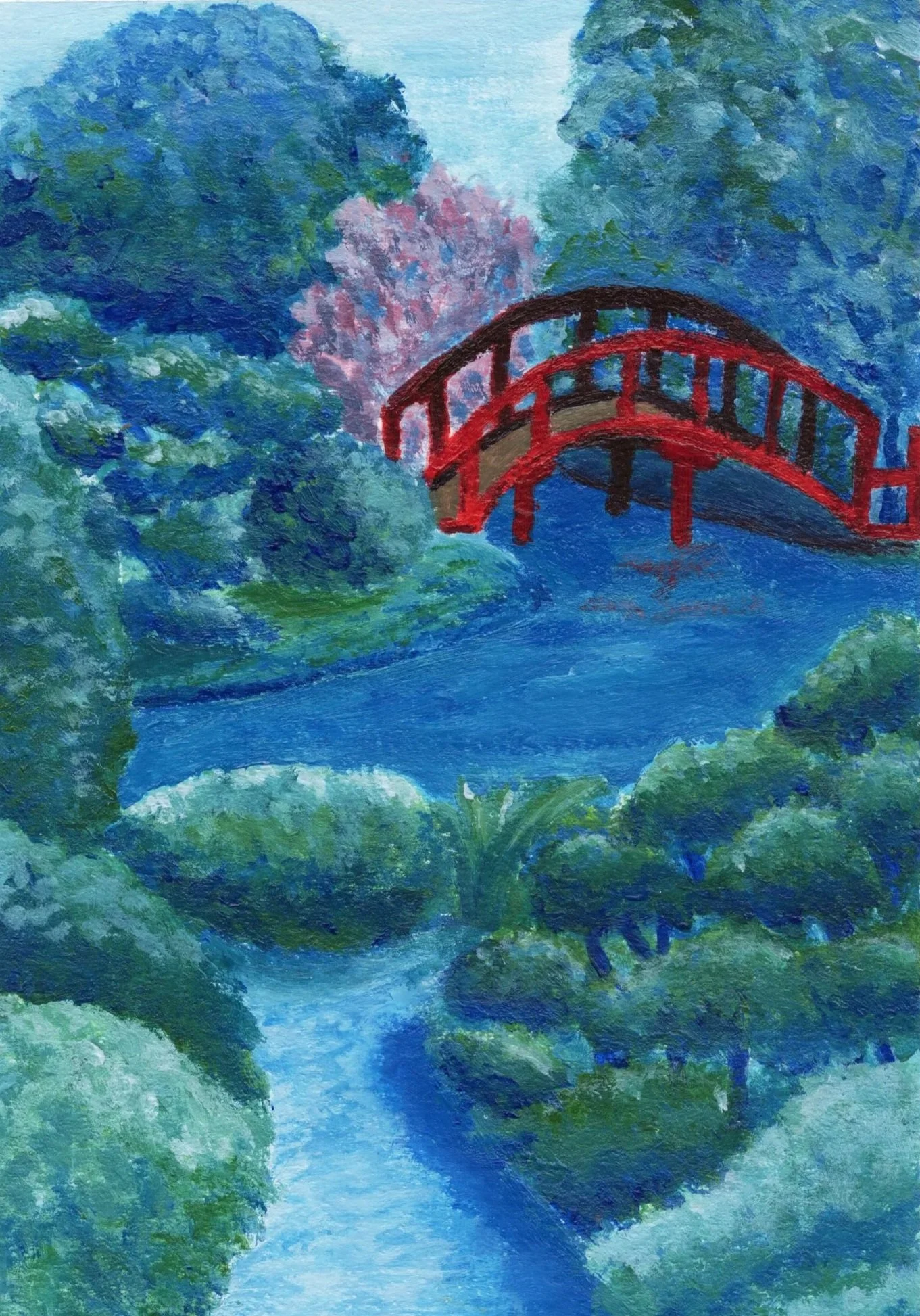 Peinture originale du jardin japonais de Toulouse. Peinture faite à l'acrylique avec des tons de bleus et de rouges suivant l'univers de l'artiste. Elle a été réalisée en 2026, par Audrey Laché dans le cadre de la collection "Toulouse".