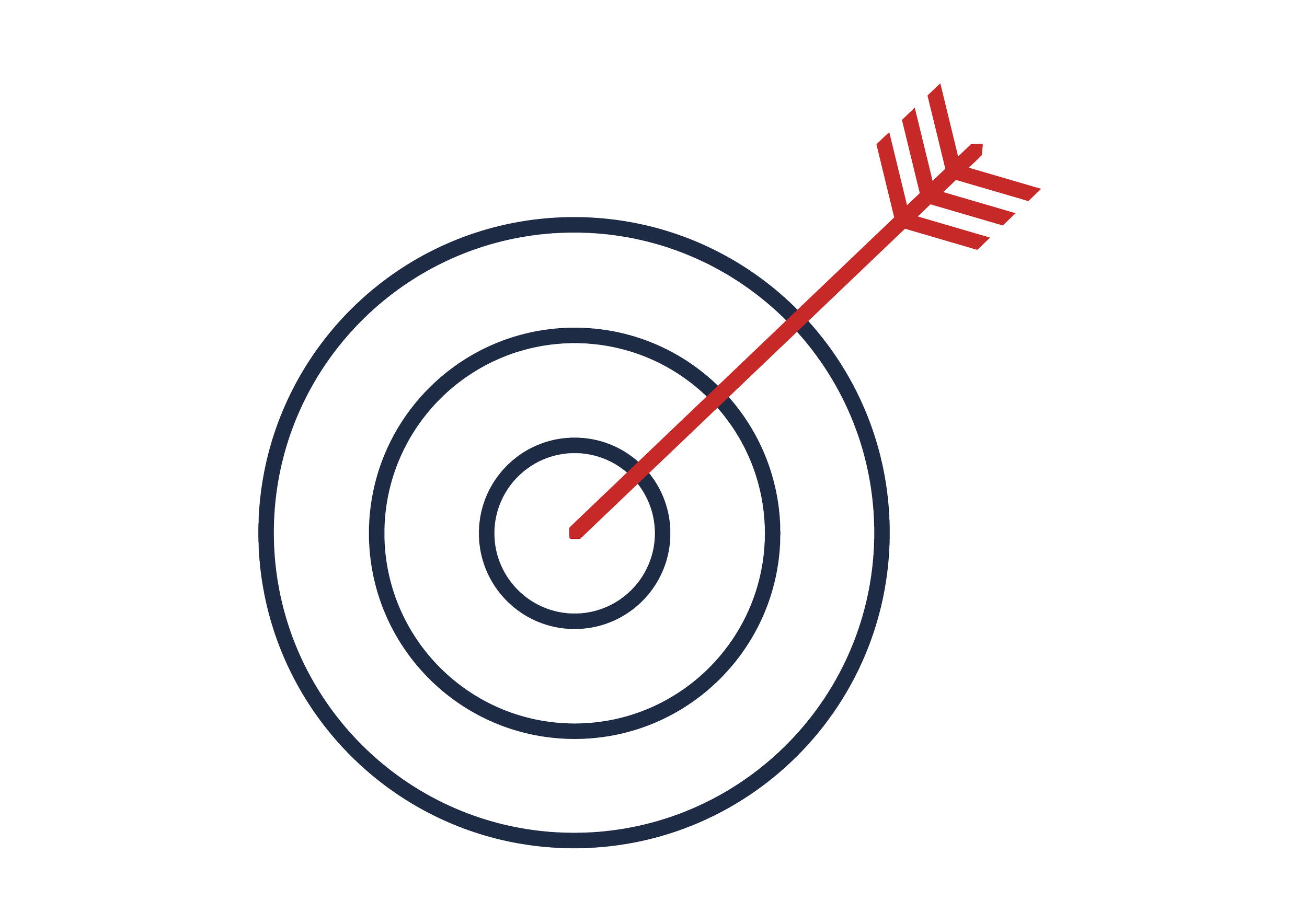 Un diagramme de cible avec un trait rouge qui la frappe au centre, représentant la réussite ou l'atteinte d'un objectif. Ce symbole représente le pack mission ciblée des prestations urbanismes.