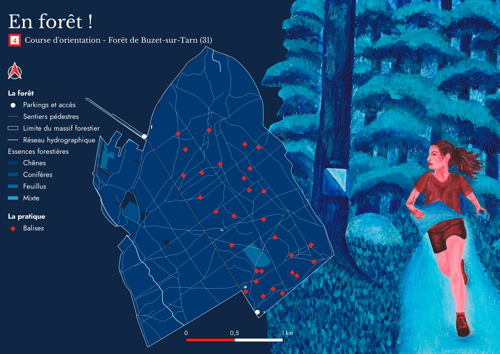 carte postale de la course d'orientation dans la forêt de Buzet-sur-Tarn mêlant cartographie et illustration fait à l'occasion  du concours de l'IGN