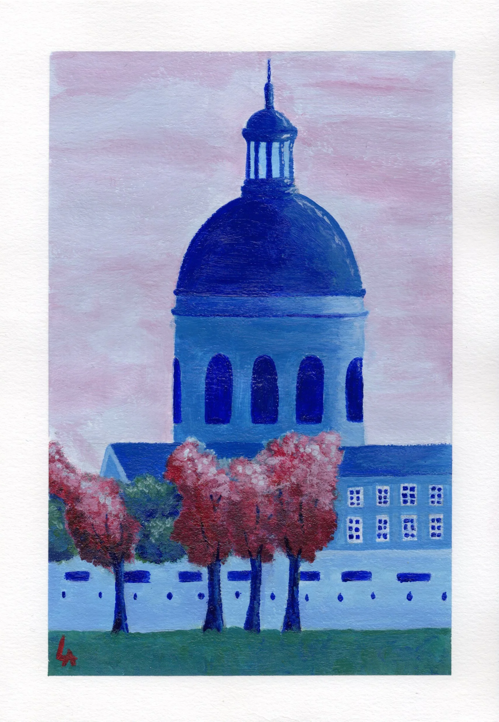 Peinture originale de la Chapelle de La Grave de Toulouse faite à l'acrylique avec des tonalités de bleus et rouges suivant l'univers de l'artiste.