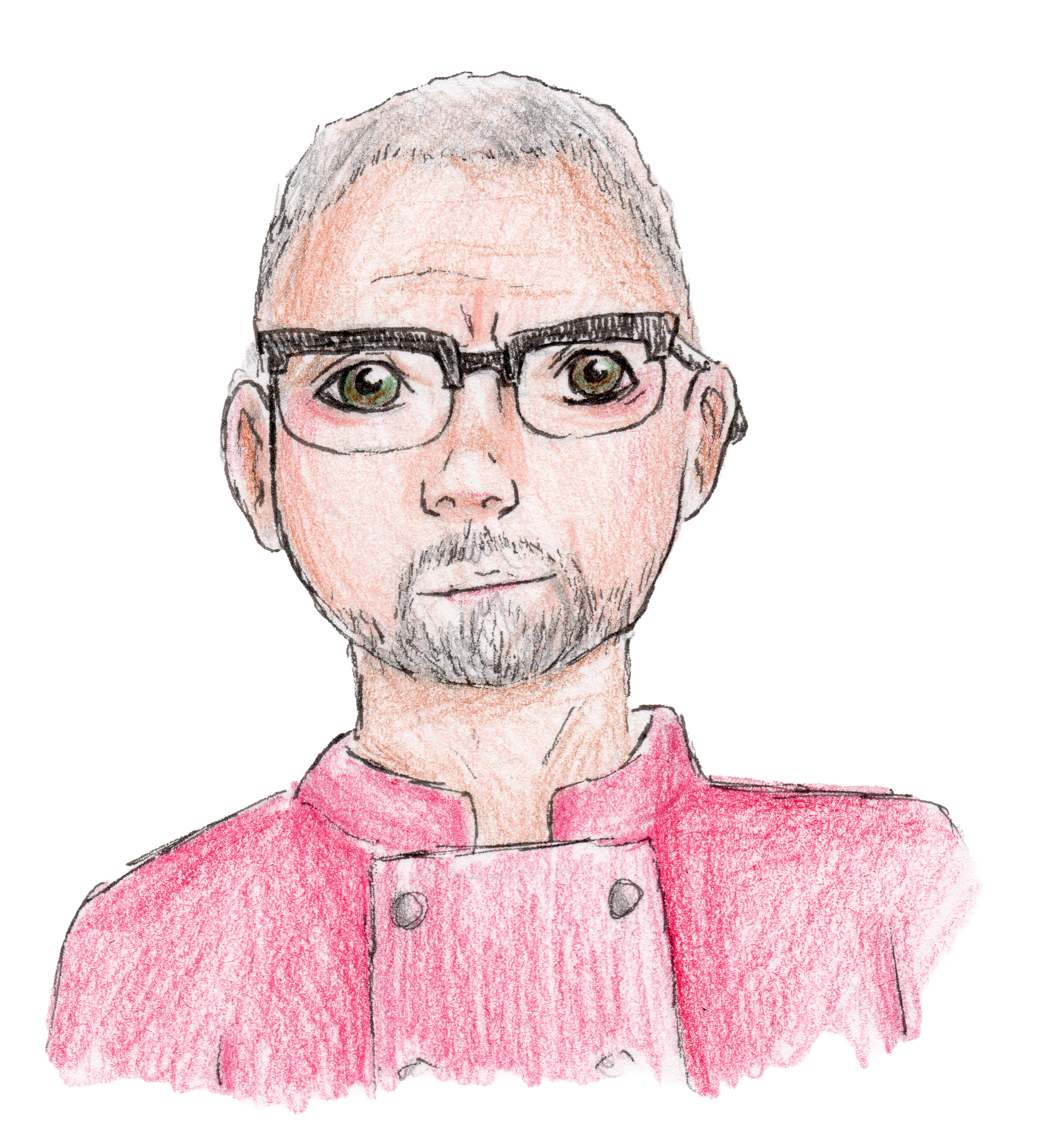 Hand-drawn portrait of a man with short gray hair, glasses, and a beard, wearing a pink chef's jacket.