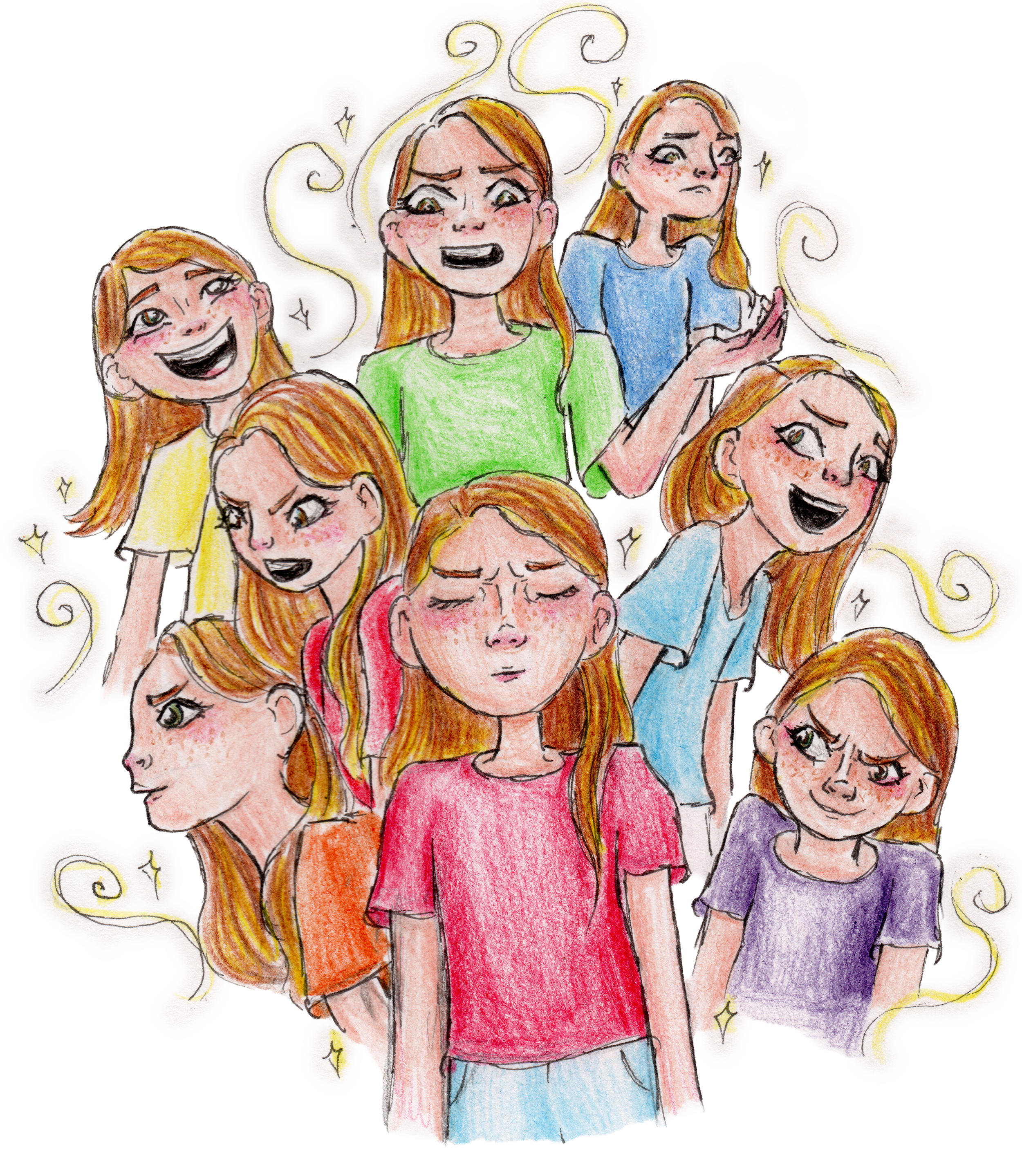 Colorful illustration of a girl experiencing multiple emotions, including happiness, sadness, anger, and frustration, with swirling lines and sparkles around her.