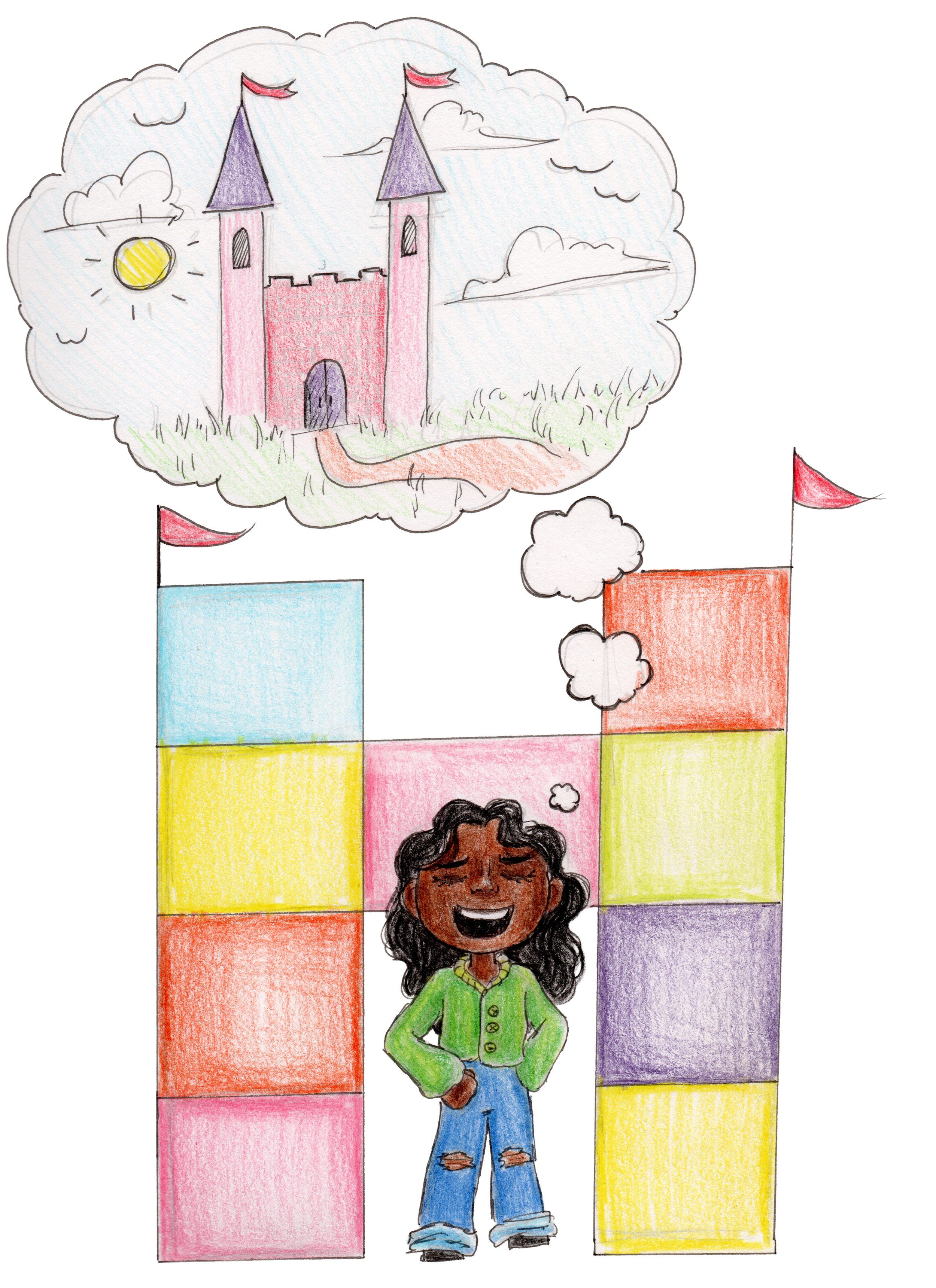 A happy girl with curly hair and a green jacket stands with her hands on her hips, surrounded by colorful blocks. She is dreaming of a pink castle with two towers, purple roofs, and flags, during a sunny day with clouds in the sky.