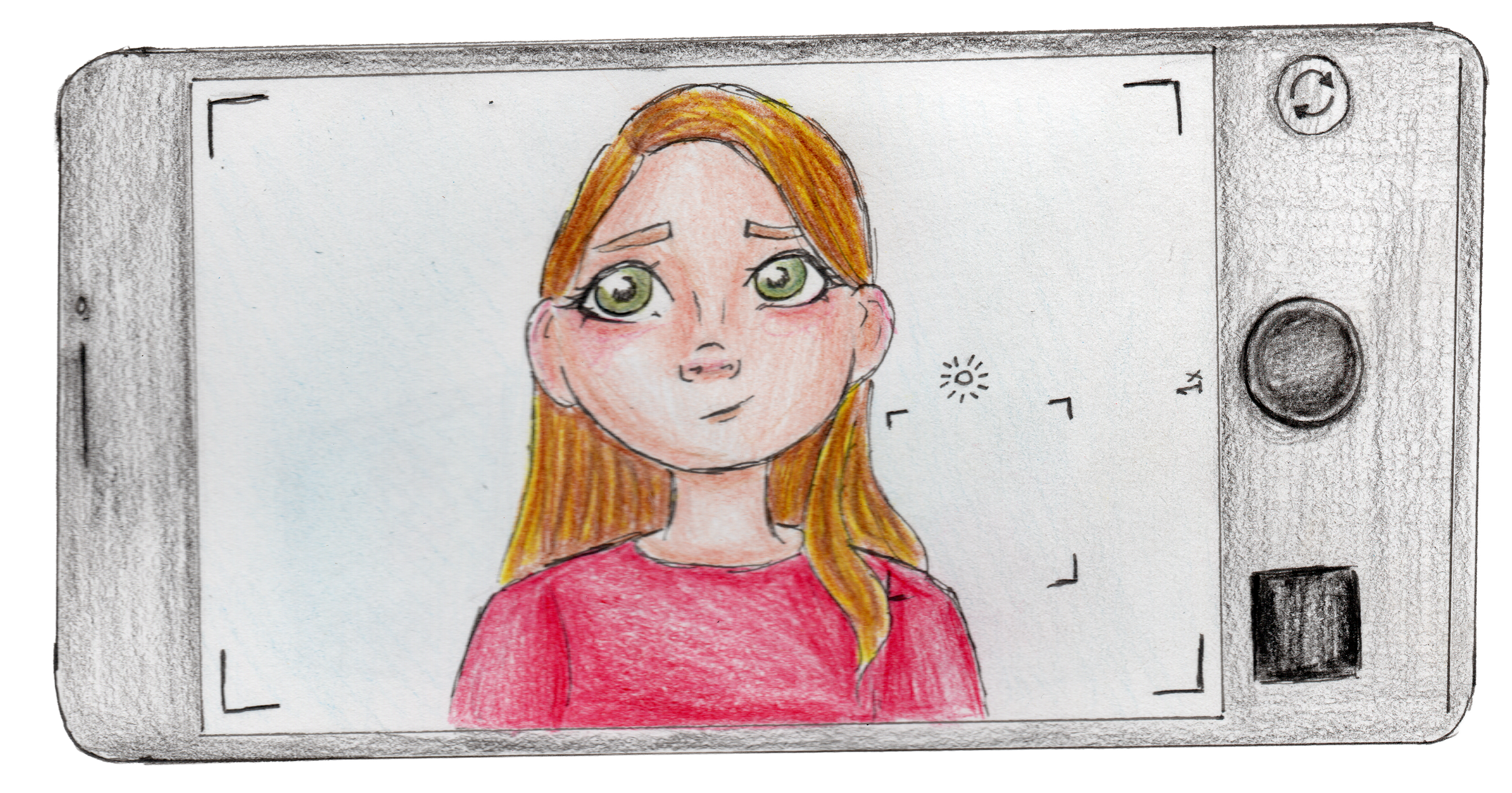 Hand-drawn colored illustration of a young woman with green eyes, long brown hair, pink cheeks, wearing a red shirt, photographed on a camera screen.