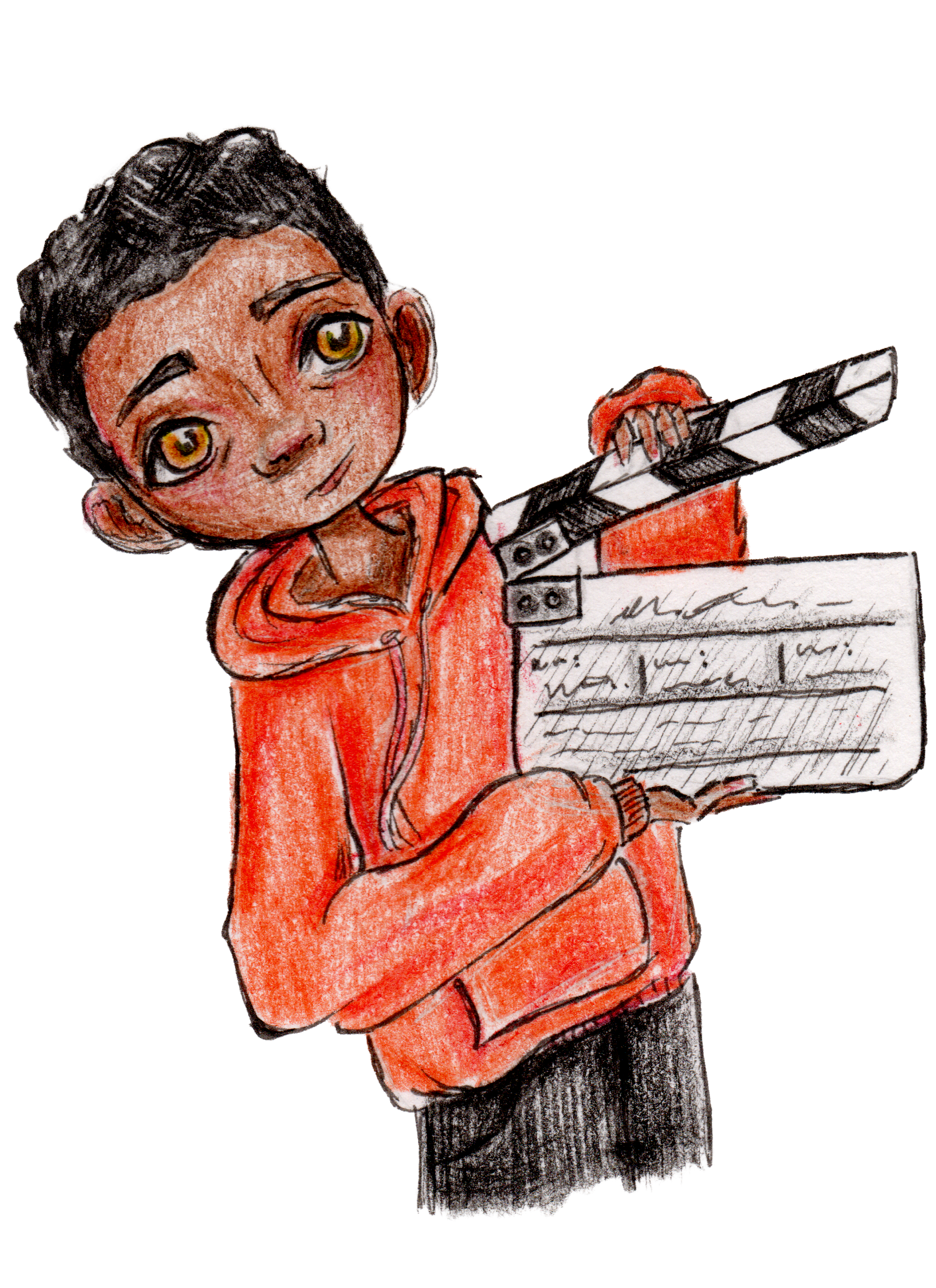 Colorful drawing of a young boy with dark hair, big golden eyes, wearing an orange hoodie, holding a clapperboard and a script.