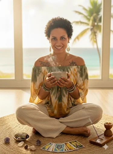 Woman sitting cross-legged on a rug in front of a large window with a view of palm trees and the ocean, holding a bowl of steaming hot tea, smiling, wearing a colorful off-the-shoulder top and jewelry.