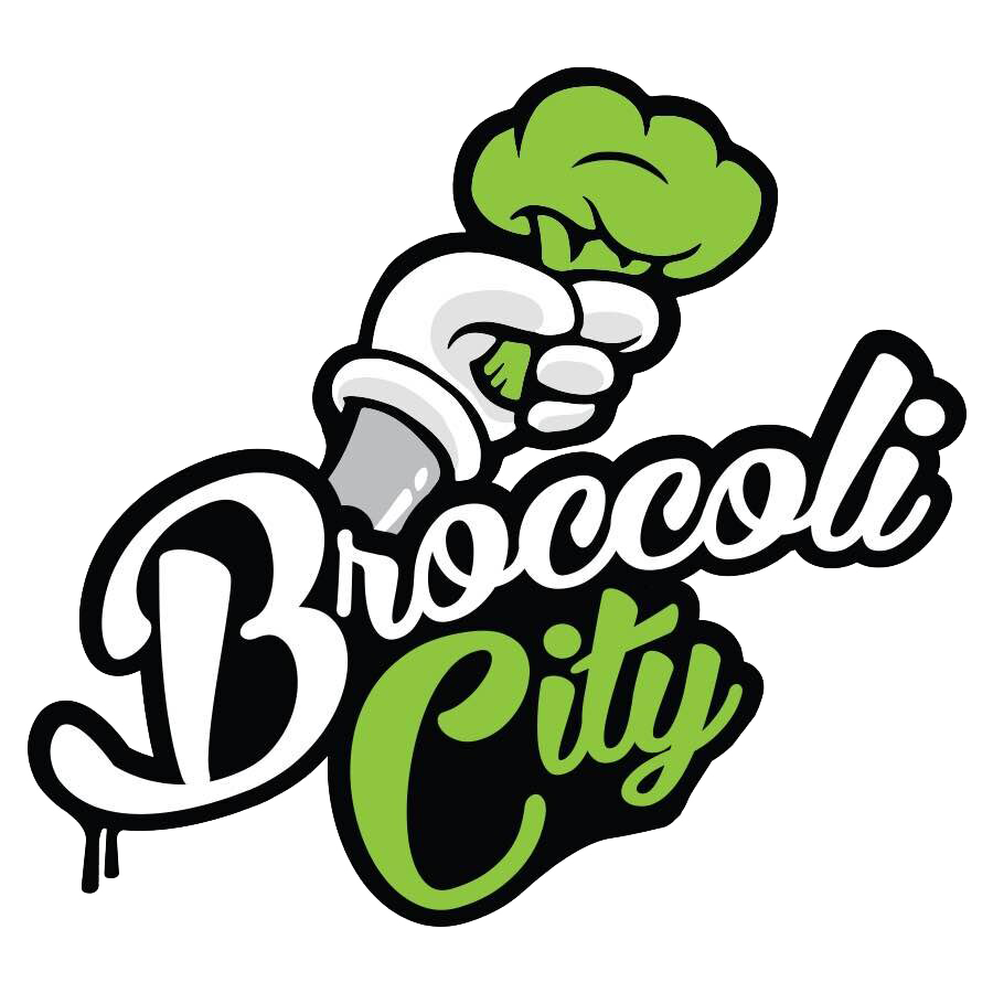 Logo for 'Broccoli City' featuring a stylized hand holding a piece of broccoli, with the words 'Broccoli City' in black and green lettering.