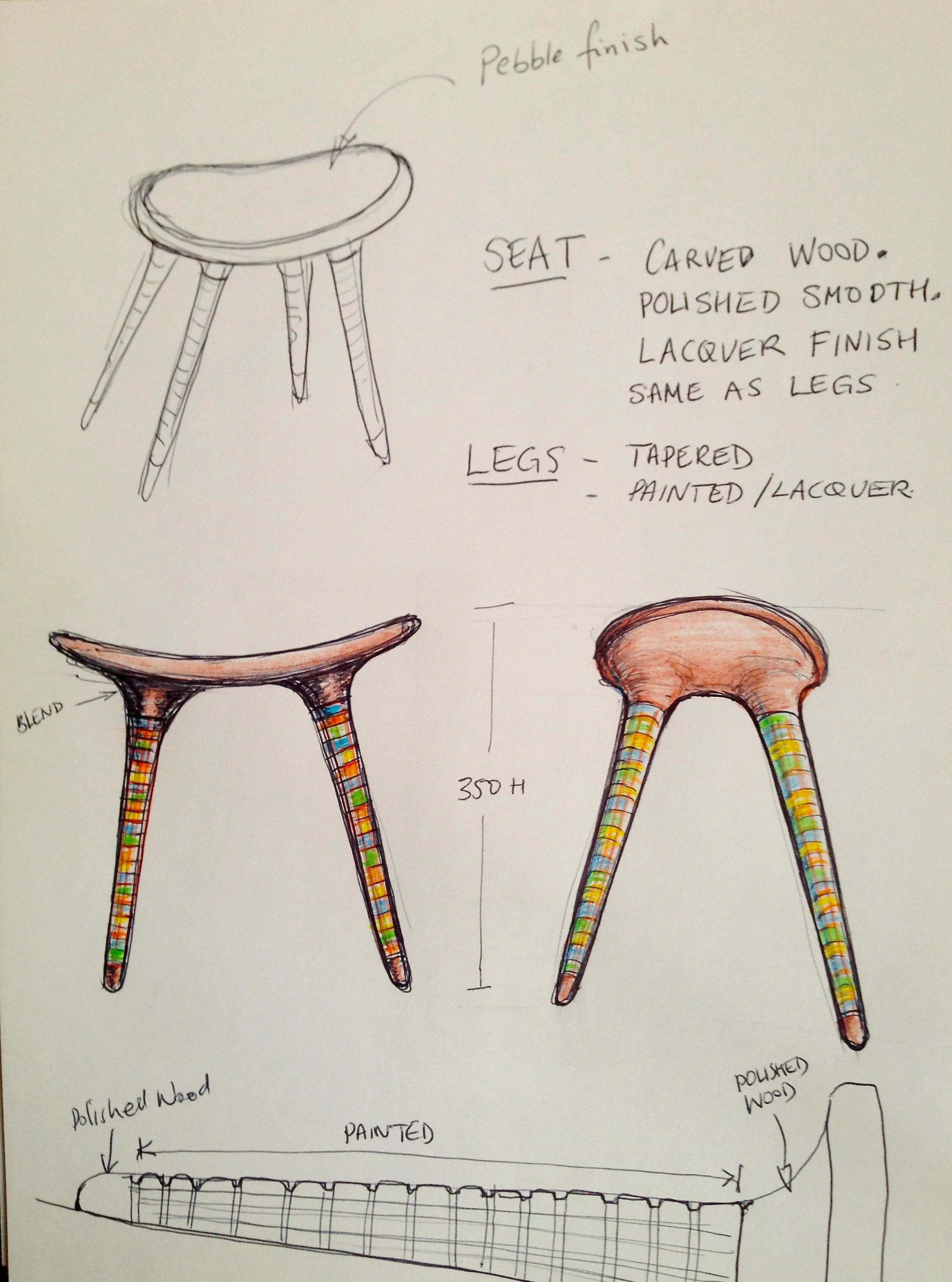 Sketch and colour drawing of a wooden stool used as a prompt for the Translocated Making craft research project
