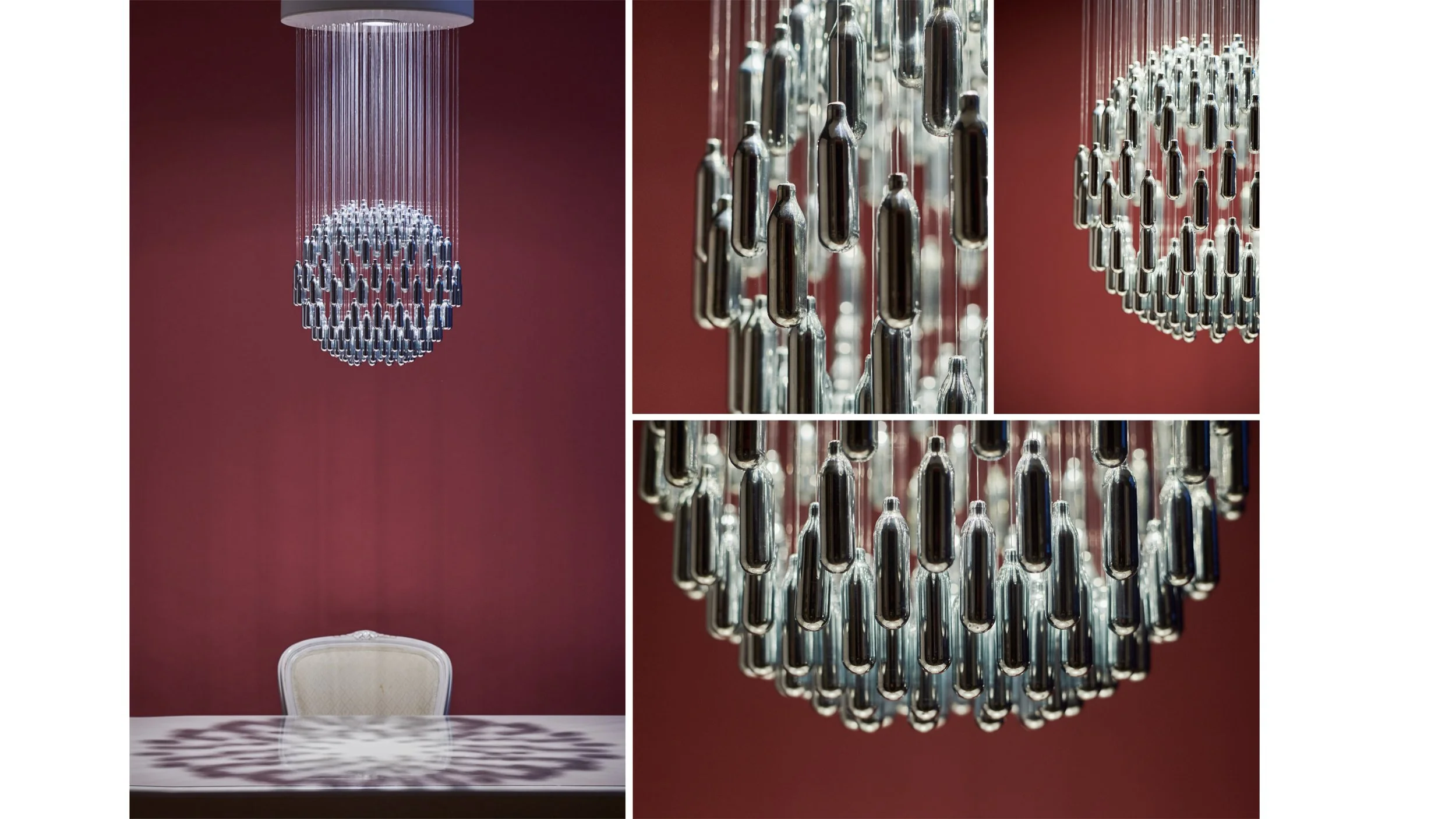 A montage of photos of Matt Kavanagh's NOS Sphere 228 chandelier above a table with a white upholstered chair, casting intricate shadows on the table surface against a deep red wall. Also showing close ups of the polished canisters.