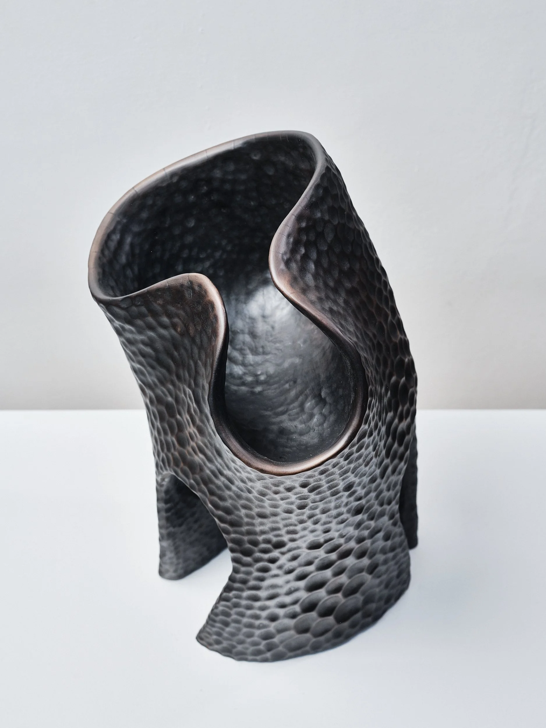 Burnished black textured carved wood sculpture made from London Plane, viewed from above with an organic wavy opening top and curved base. Sitting on a white surface.