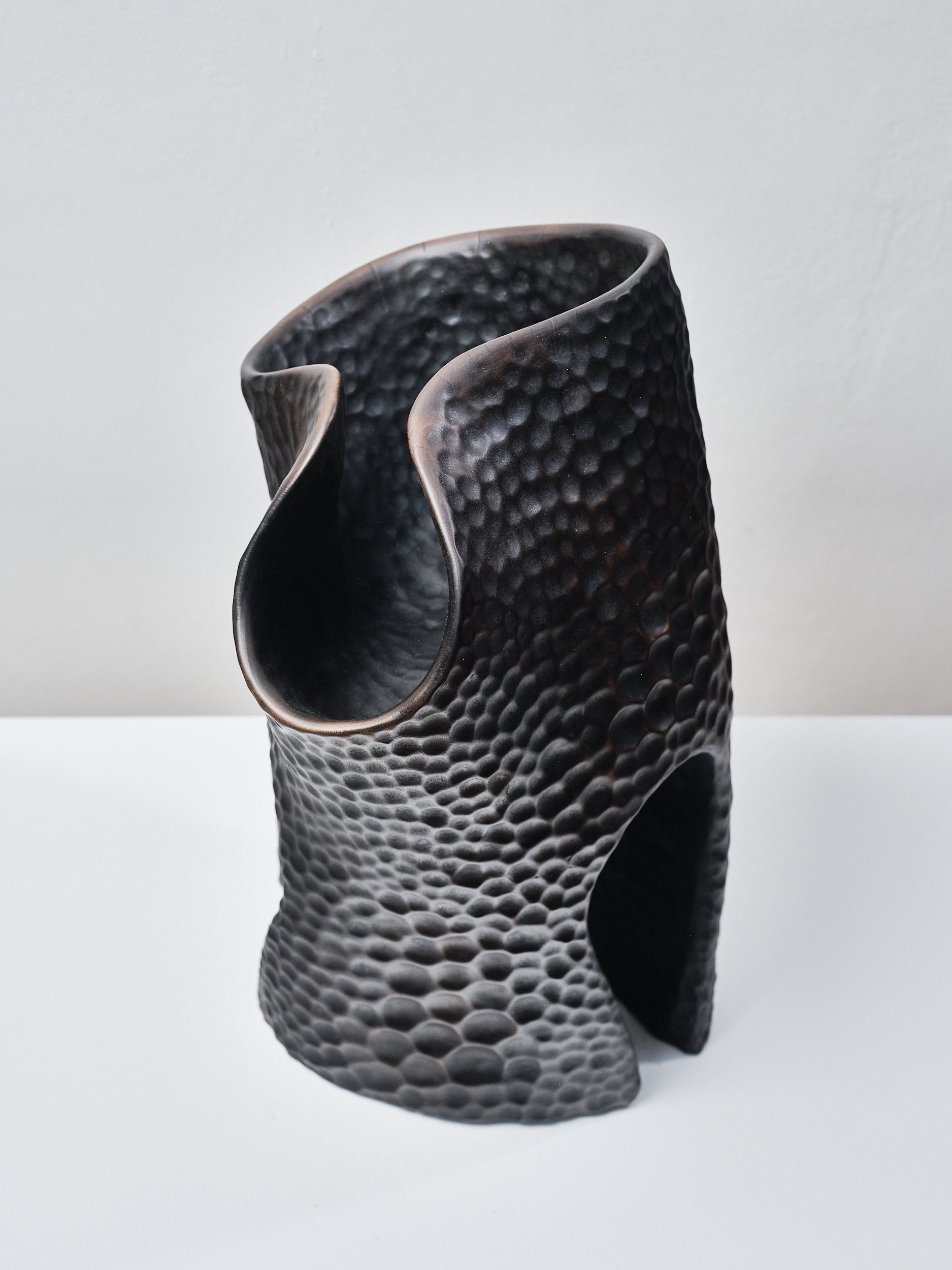 Black textured sculpture made from burned London Plane timber with curved, organic shapes on a white surface against a neutral background.