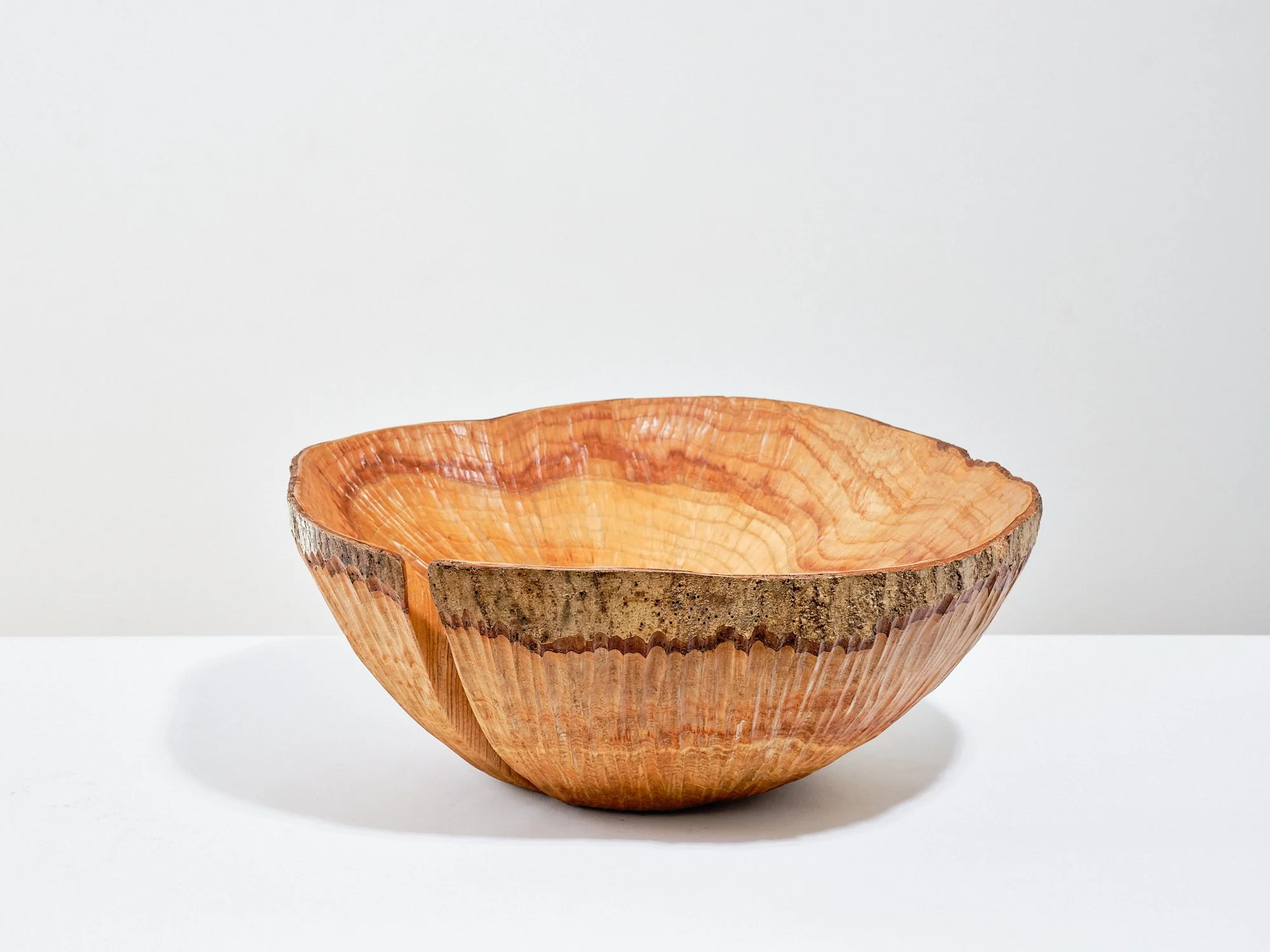 A sculptural wooden bowl with large split, made from ash with a ring of bark at the top and smooth textured interior, placed on white surface against white background