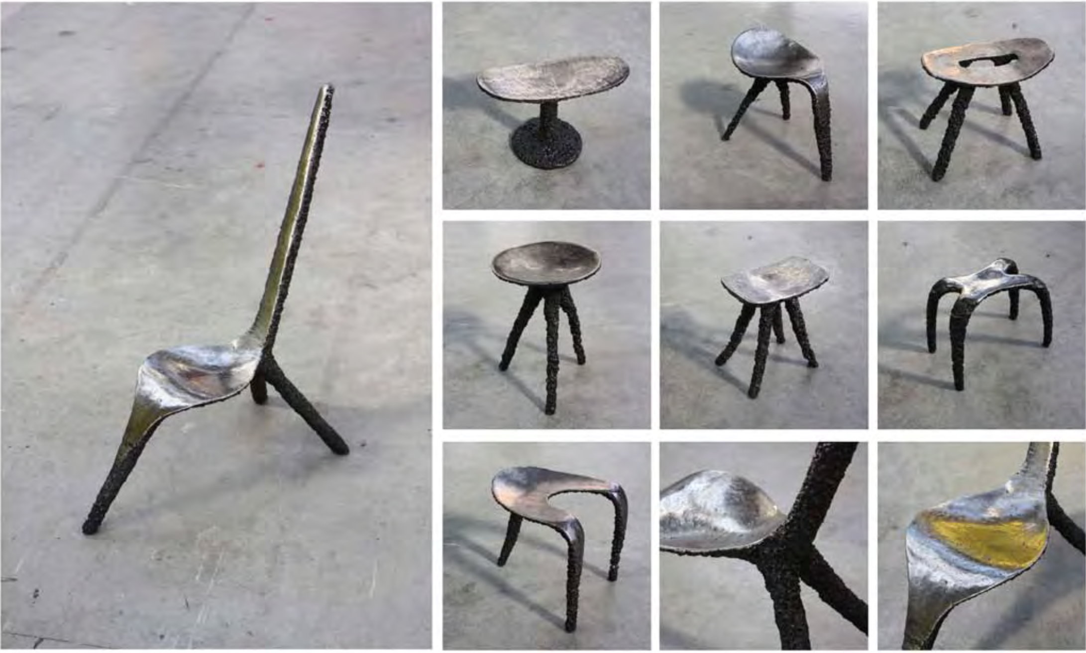 Collection of unique cast iron chair designs and stools with textured finish, set on a concrete floor.