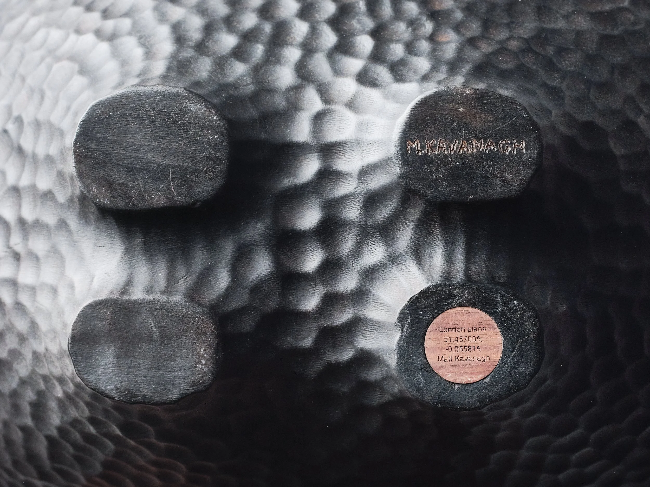 View from the underside of the London Plane long bowl showing engraved coordinates of the tree location and artists signature.