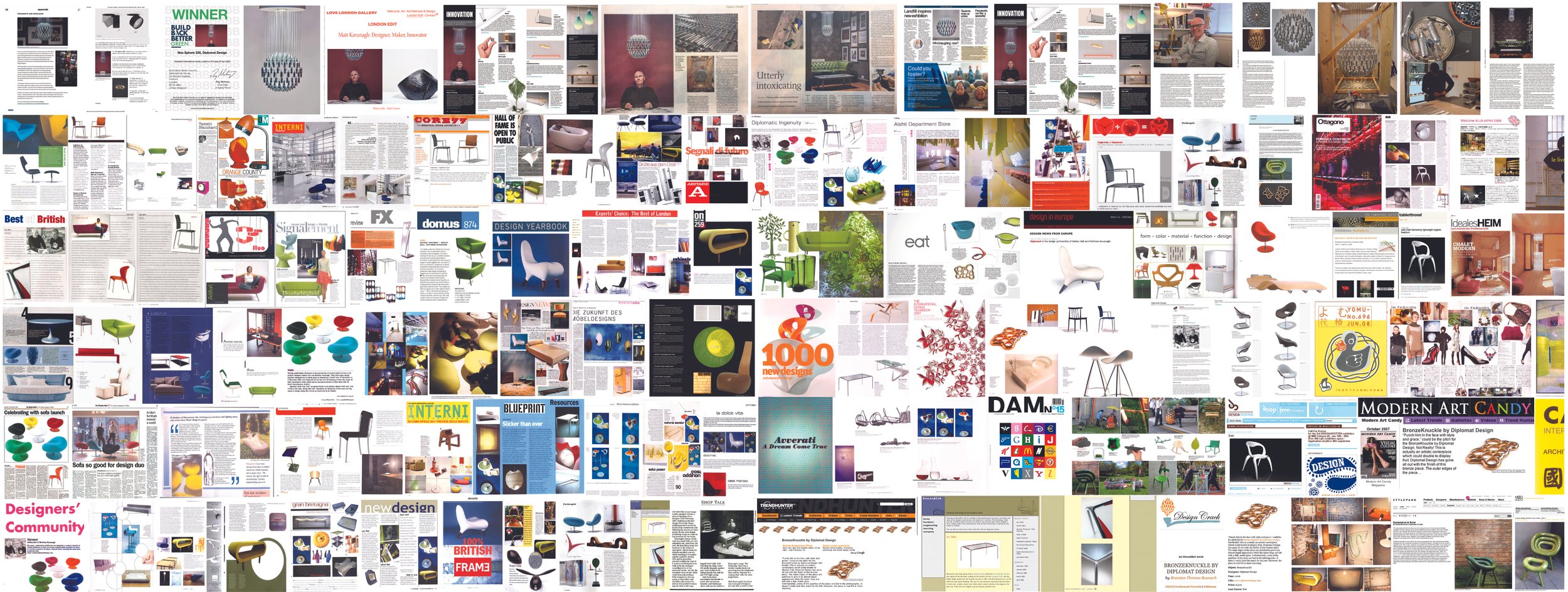 Collage of various magazine pages featuring modern furniture designs, interior decor, chairs, tables, lighting fixtures, and design concepts.