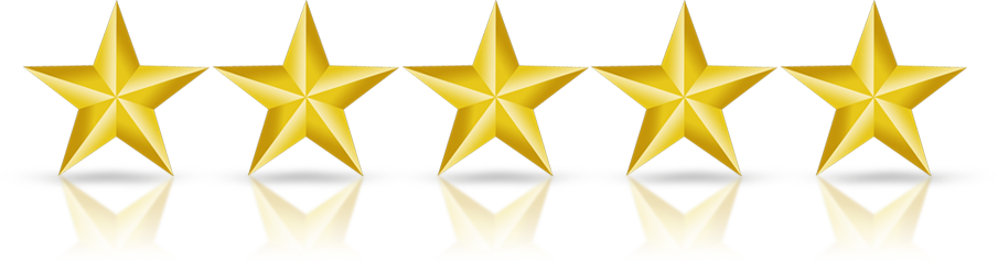 Six gold stars with reflections on a black background.