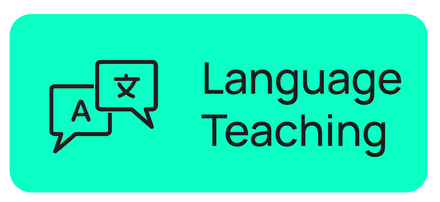 Icon showing two speech bubbles with language symbols and the text 'Language Teaching' on a turquoise background.