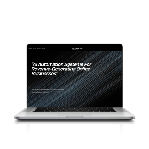 Laptop displaying a website with the text 'AI Automation Systems For Revenue-Generating Online Businesses.'