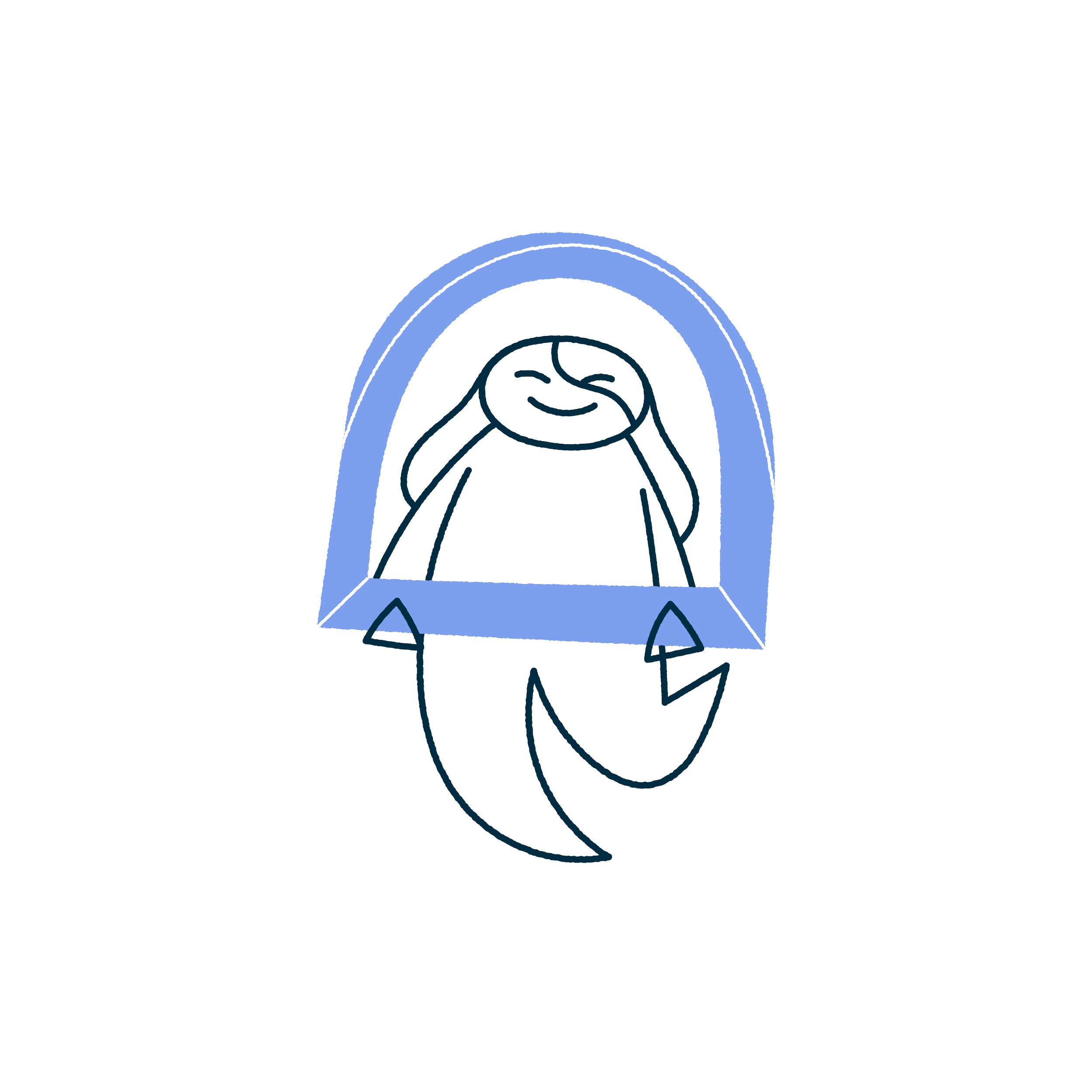 Digital illustration of a woman with long hair sitting framed with a blue frame, representing Lea Im Obersteg in a portrait about herself.